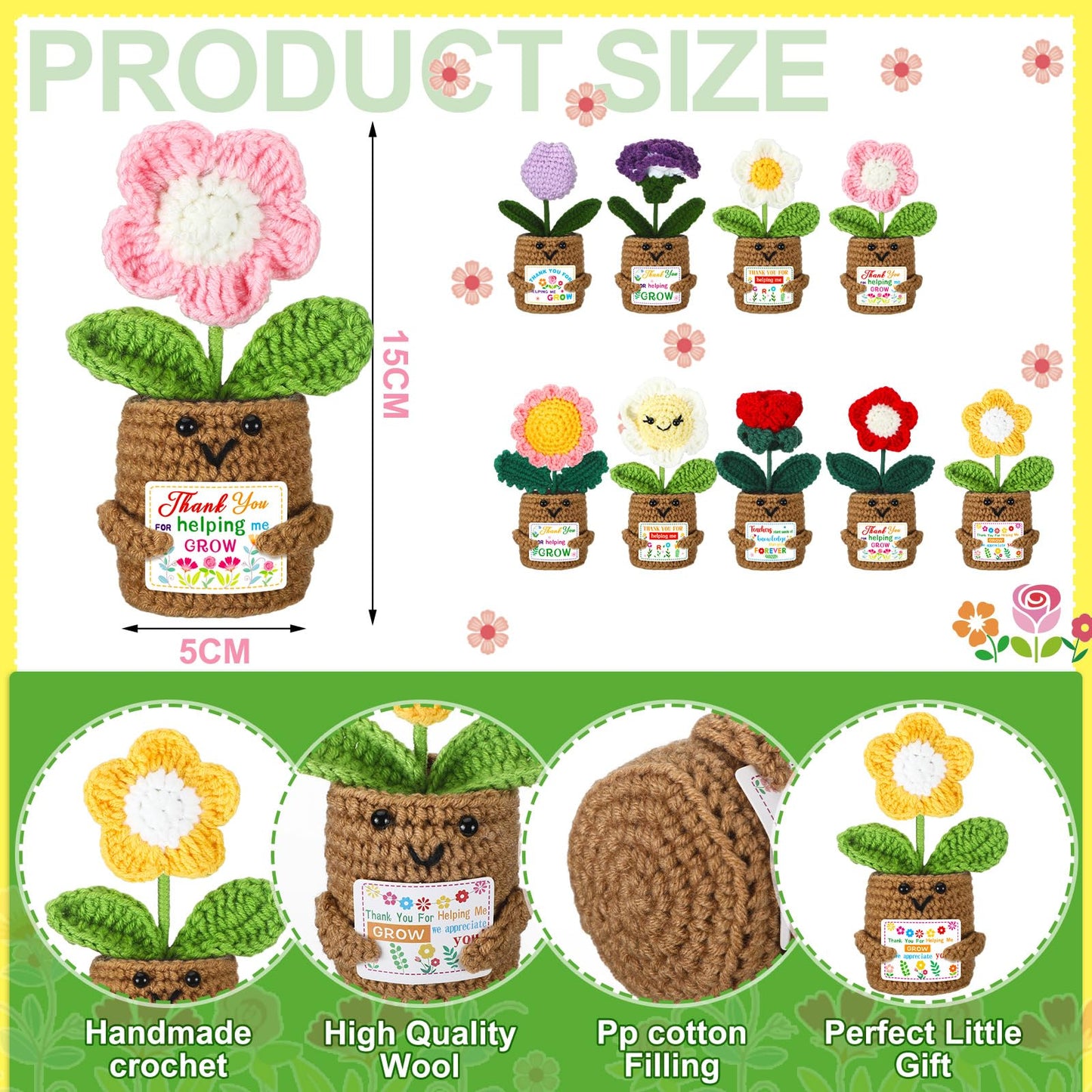 Daifunli 10 Pcs Appreciation Gifts for Teacher, Thank You for Helping Me Grow, Crochet Potted Plants with Card Crochet Flowers for Teacher Graduation End of Year from Students