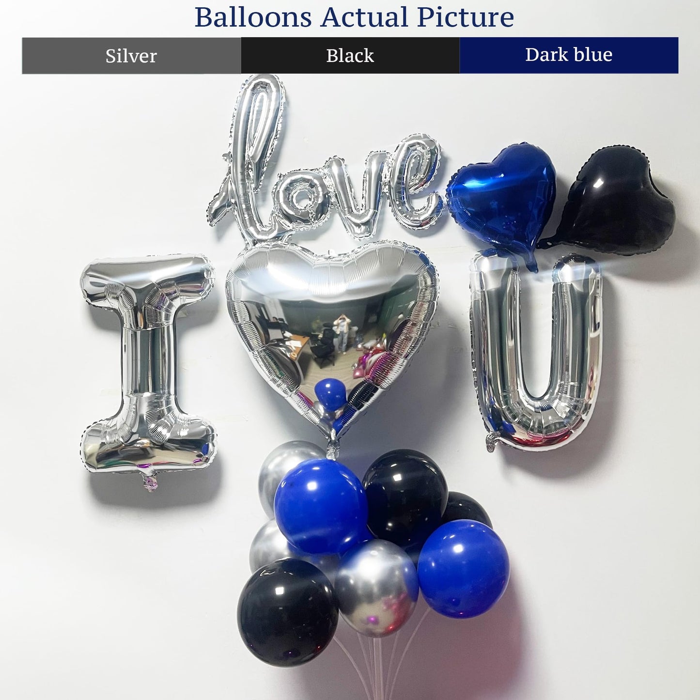 Blue Black Silver Balloons with I LOVE YOU & HAPPY BIRTHDAY Foil Balloons & Rose Petals for Romantic Special Night, Anniversary, Valentine Day, Birthday Decorations for Him, Bedroom, Hotel Room