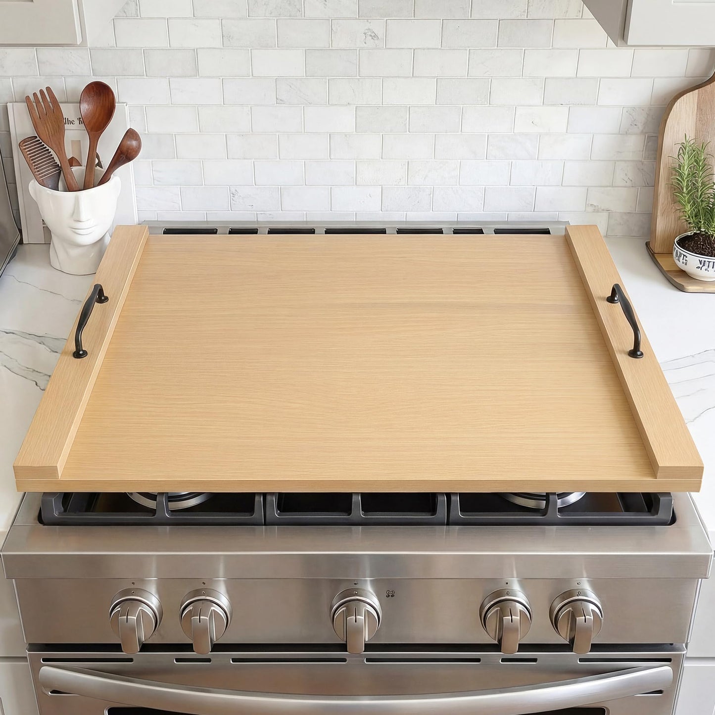 Sevenjungle Noodle Board Stove Cover, Wooden Stovetop Cover with Non-Slip Feet, Handle & Raised Lip, Extra Counter Space for Kitchen (29.5” x 22” Natutal)