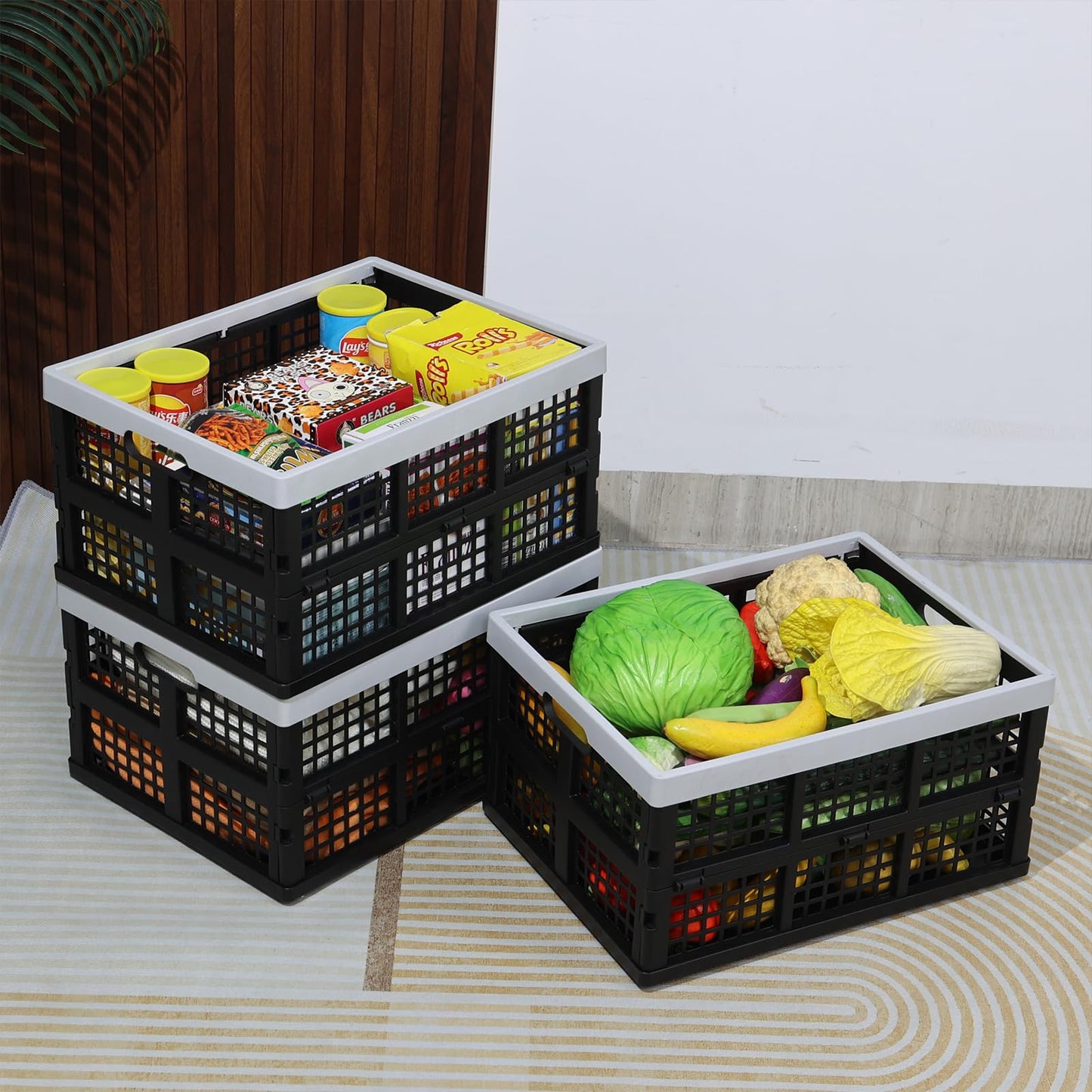Ionoloy 3 Packs 34 L Plastic Collapsible Storage Crates, Stackable Foldable Storage Basket