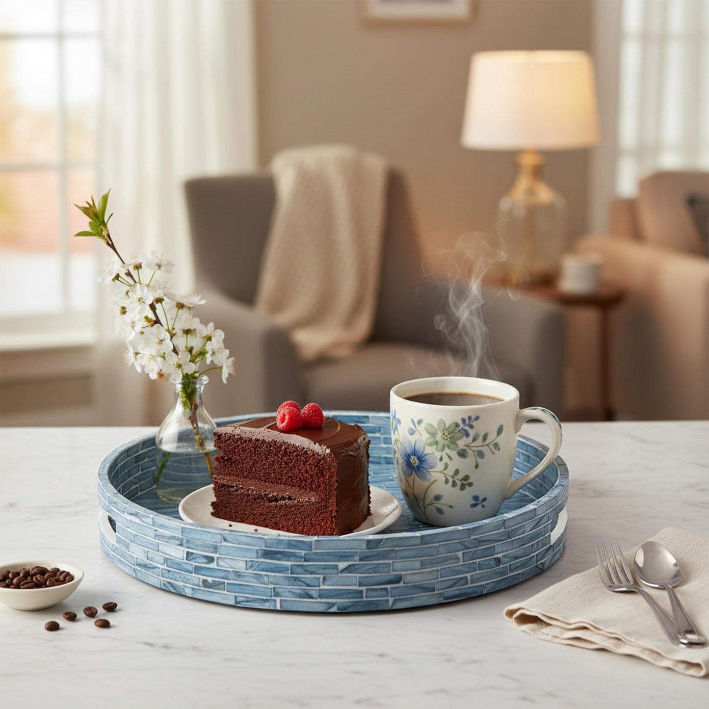 PEMAR 12.6” Mother of Pearls Lacquer Inlaid Round Serving Tray with Handles, Round Decorative Nacred Wooden Ottoman Coffee Table Tray (Blue Tiles)