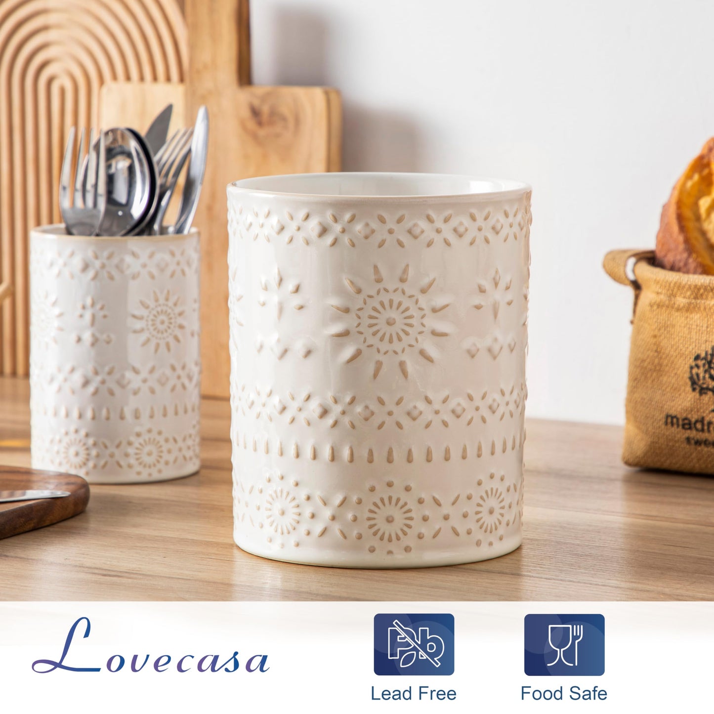 LOVECASA Utensil Holder, 7.2"+5.4" Ceramic Utensil Holder for Countertop, Large Cooking Utensil Crocks for Kitchen Counter, Farmhouse Utensil Vase for Housewarming, Kitchen Decor, Set of 2, Oasis