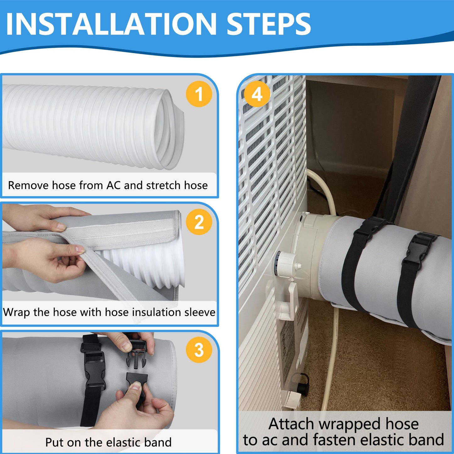 2 Pcs Portable AC Hose Insulation Sleeve - Insulated Cover Wrap for 5"-5.9" Diameter Exhaust Hoses with 6 Adjustable Buckle Straps for Easy Installation, Heat Reduction & Energy Saving