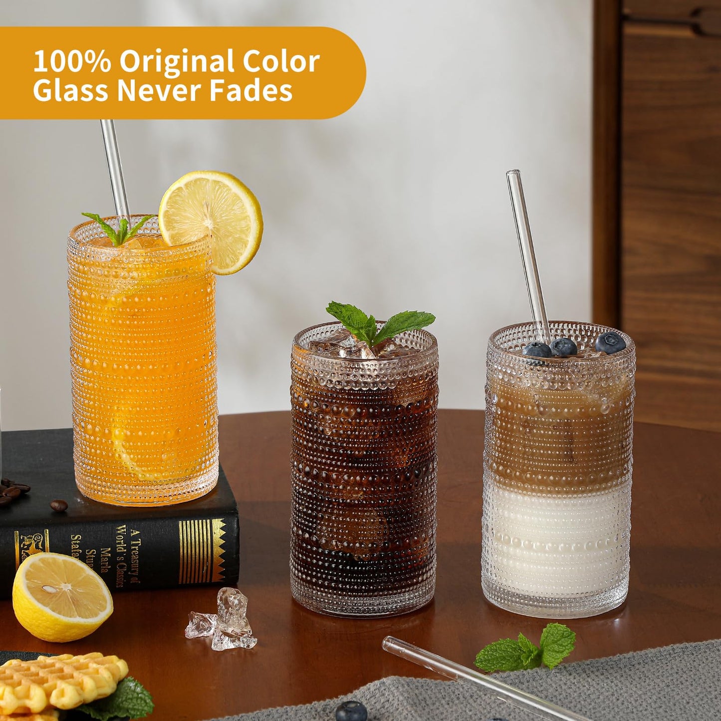 Akutaa Vintage Hobnail Drinking Glasses Set of 6, 16 oz Large Capacity Embossed Clear Tumblers, Highball Glasses for Water, Cocktail, Beer, Whiskey, Kitchen & Bar Use