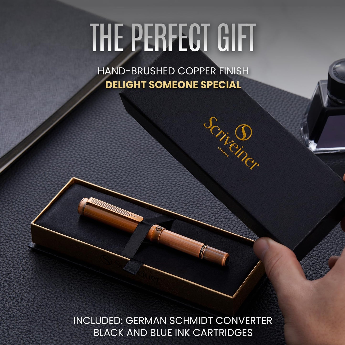 Scriveiner Luxury EDC Fountain Pen (Medium), Stunning Heavy Brass Pocket Pen, Hand Brushed Copper Finish, Schmidt German Nib Converter, Best Writing Pen Gift Set for Men Women, Nice Fancy Designer Pen
