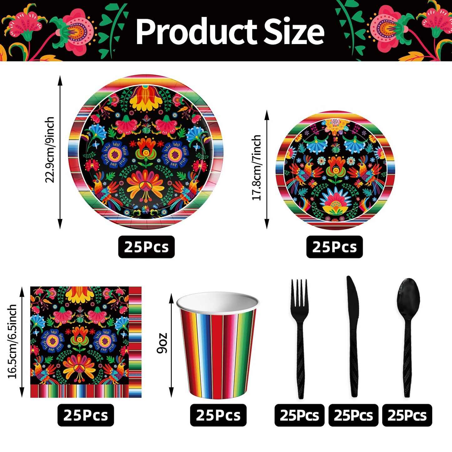 175 Pcs Fiesta Tableware Set – Serves 25, Mexican Party Supplies Disposable Plates, Cups, Napkins, Forks, Spoons, Knives with Floral and Serape Stripe Design for Cinco de Mayo, Birthday Celebrations