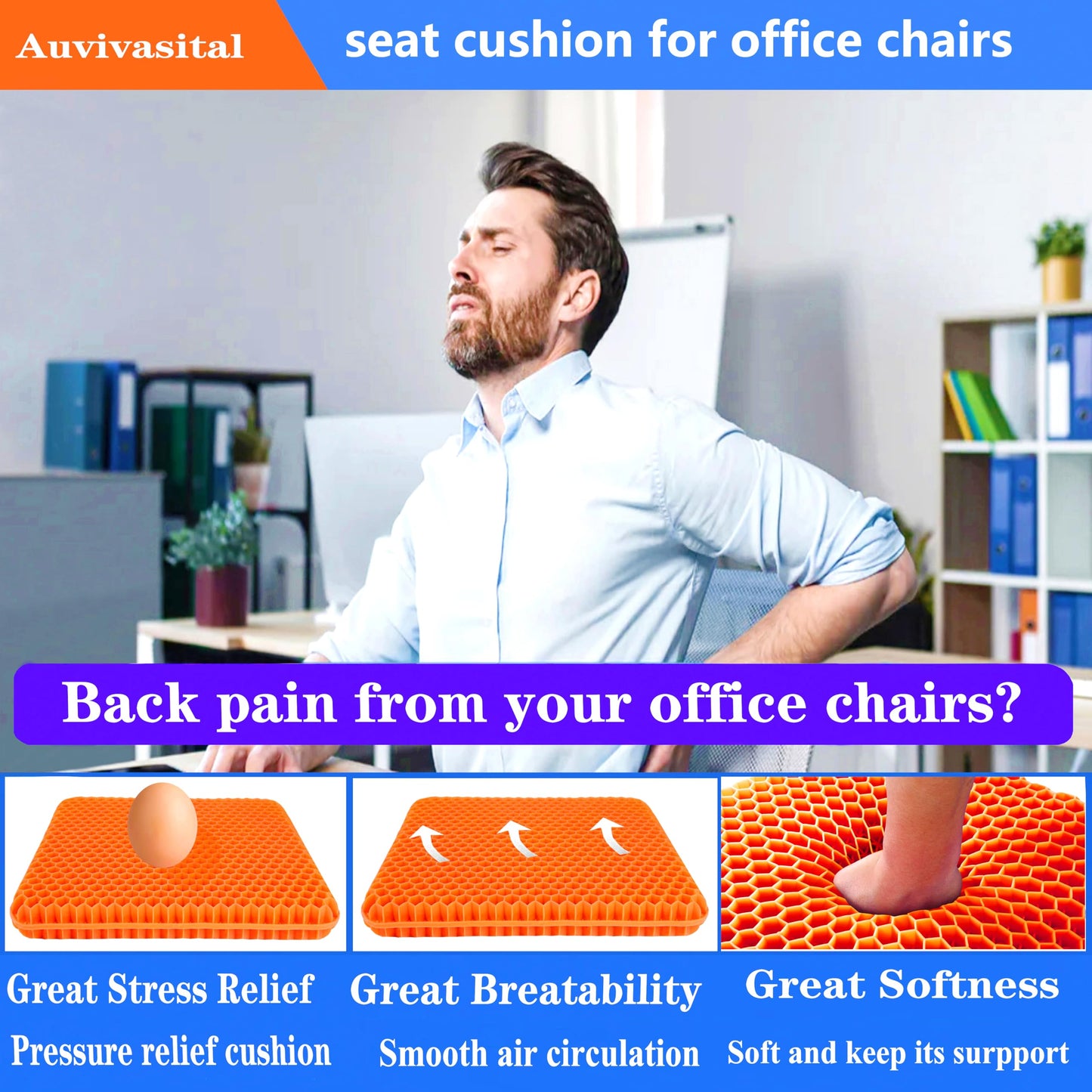 Plus Size Gel Seat Cushion for Long Sitting, Extra Large and Thick, Gel Cushion for Back, Hip, Sciatica, Tailbone Pain Relief, Use for The Office, Wheelchair, Car, Recliner, Stadium, Kayka.(Orange)