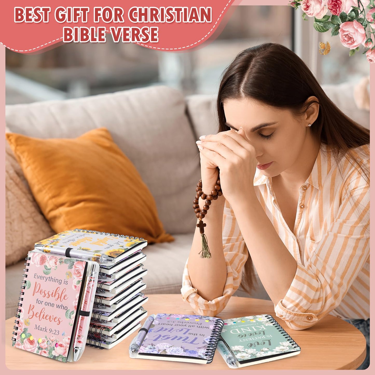 Piuaeue 48 Pcs/24 Set Christian Prayer Journal Spiral Notebooks Bulk with Pens Prayer Journal Religious Bible Verse Mothers Day Holy Week Spiral Notebook for Women Men Church Member Teacher