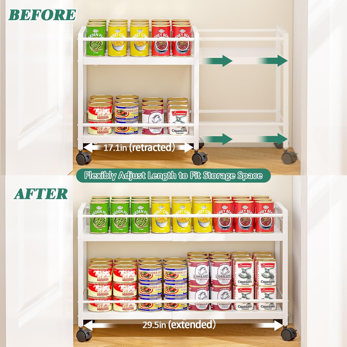 2-Tier Expandable Rolling Pantry Cart with Wheels, Adjustable Floor Organizer for Kitchen Pantry, Can Organizer for Pantry, Storage Cart for Snack, Food, Vegetables, White, Patent Pending