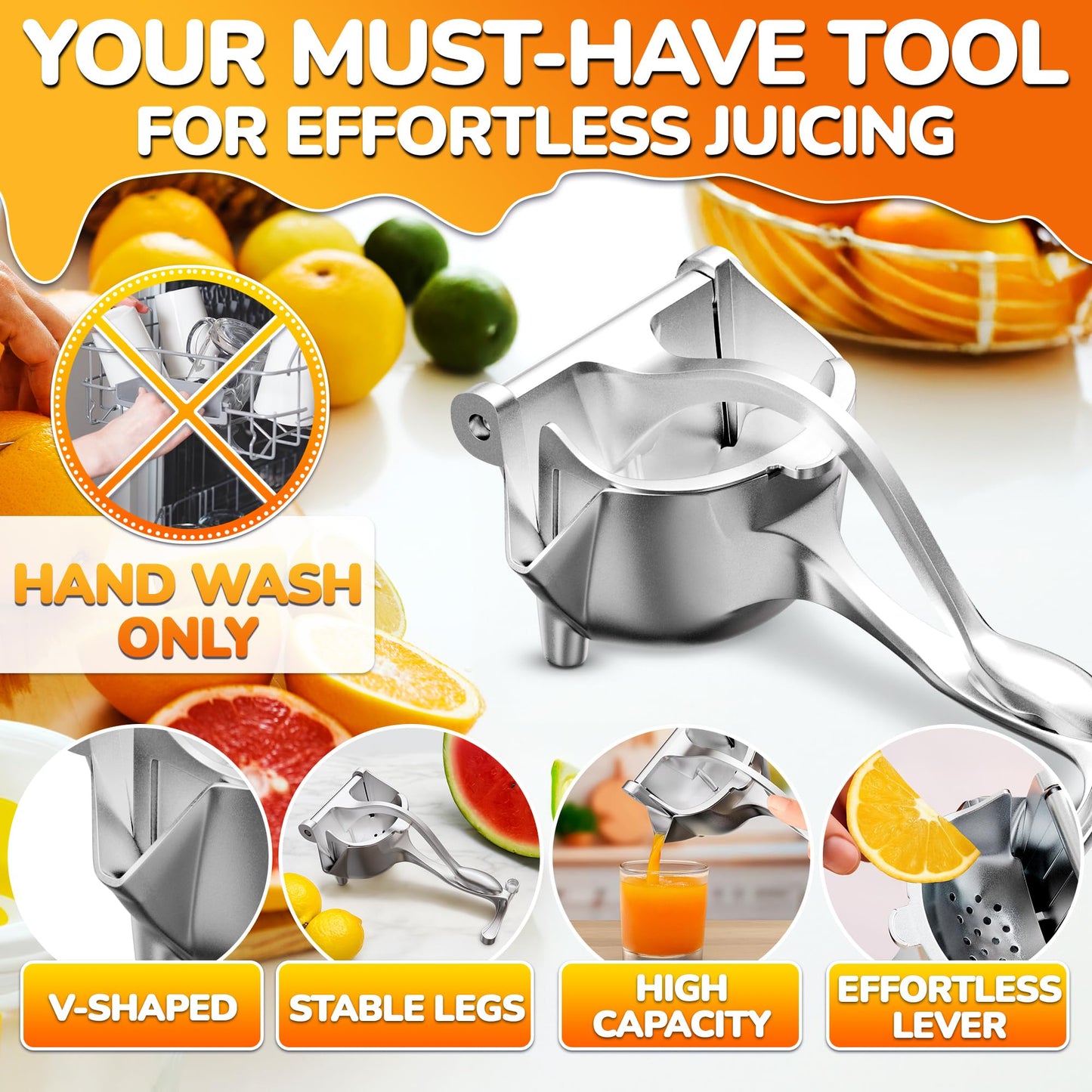 Manual Juicer Hand Press with Ergonomic Heavy Duty Handle - Pour Spout for Mess-Free Pouring, Aluminum Alloy Hand Juicer Squeezer | 0.6 L Capacity - Juice Press for Lemon, Orange, Lime, & Grapefruit