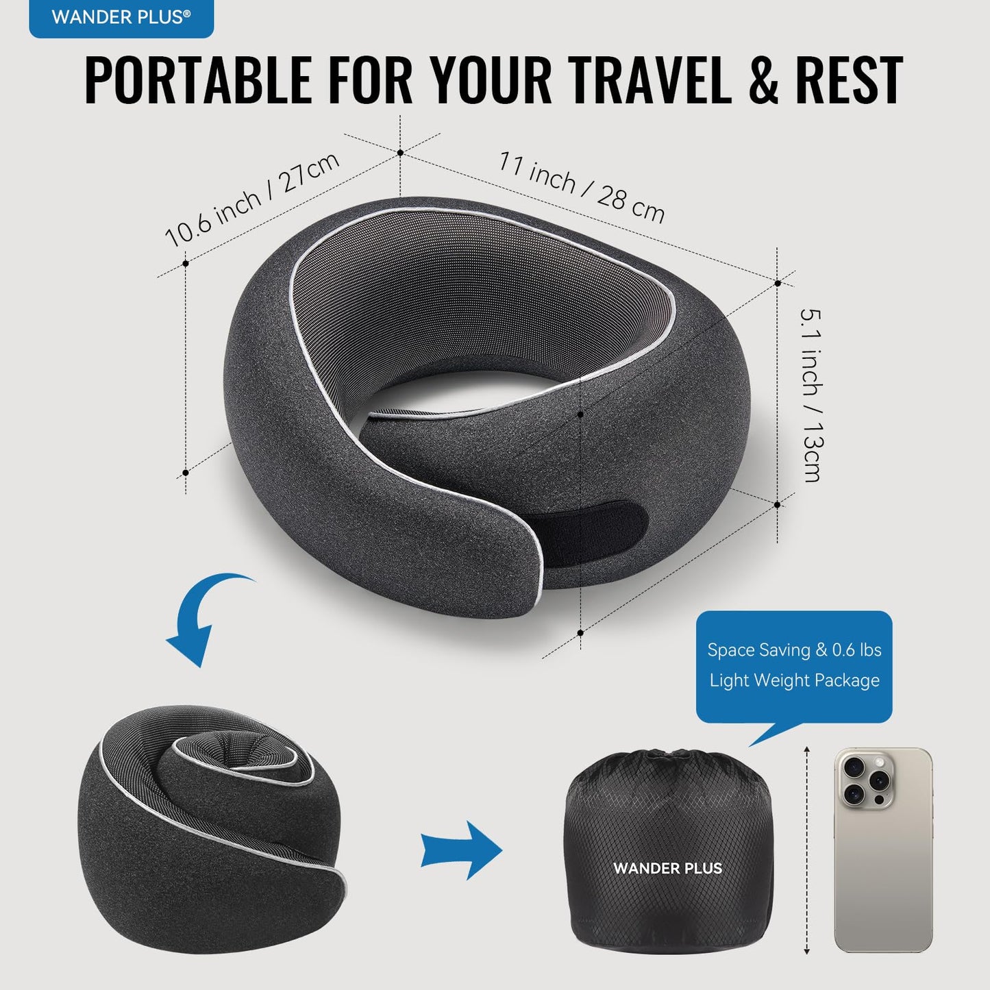 WANDER PLUS® Travel Neck Pillow, Pure Memory Foam Neck Pillow for Airplanes, Comfortable Breathable Cover, 360 Degree Support Ergonomic Design Best for Sleeping Plane Train Travel Essentials Max Grey