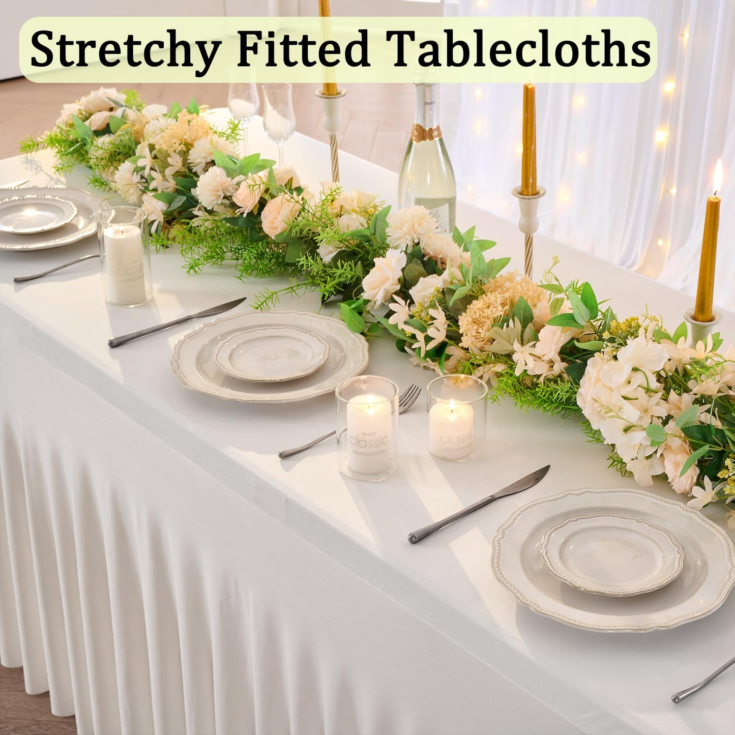 2 Pack Spandex Ivory Table Clothes for 6 Foot Rectangle Tables, 6FT Stretchy Tablecloths Fitted Table Cover Desk Skirt for Parties Weddings Birthday Banquet Baby Shower