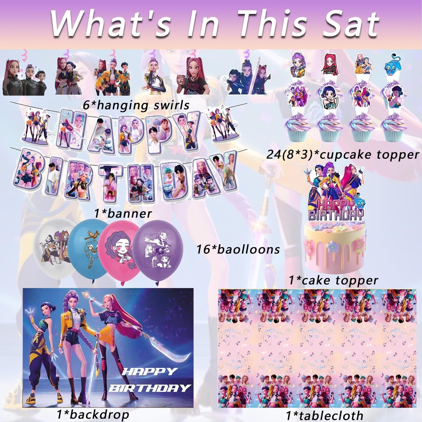 For K Pop Demon Hunters Party Supplies, 50 PCS Birthday Decorations Set Include Banner, Balloons,, Hanging Swirls, Cake Cupcake Toppers, Tablecloth for Boys Girls Hunters Theme Party
