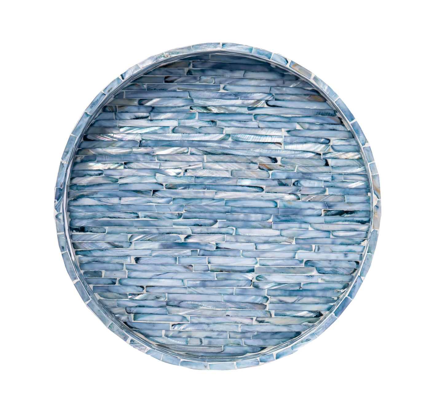 PEMAR 12.6” Mother of Pearls Lacquer Inlaid Round Serving Tray with Handles, Round Decorative Nacred Wooden Ottoman Coffee Table Tray (Blue Tiles)