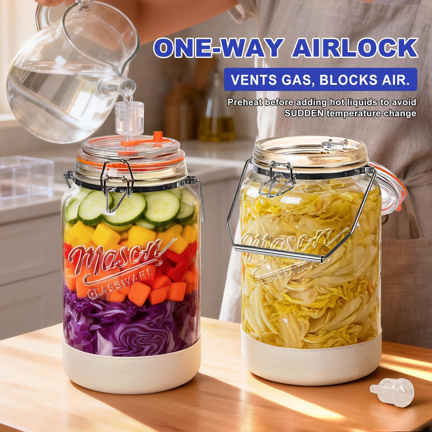 Upgrade 1 Gallon Fermentation Jars with Airlocks - Wide Mouth Glass Jars with Airtight Lid for Sauerkraut Mead Sourdough Starter Pickle, Fermenting Jar with Handle & Non-Slip Silicone Base, 2 Pack