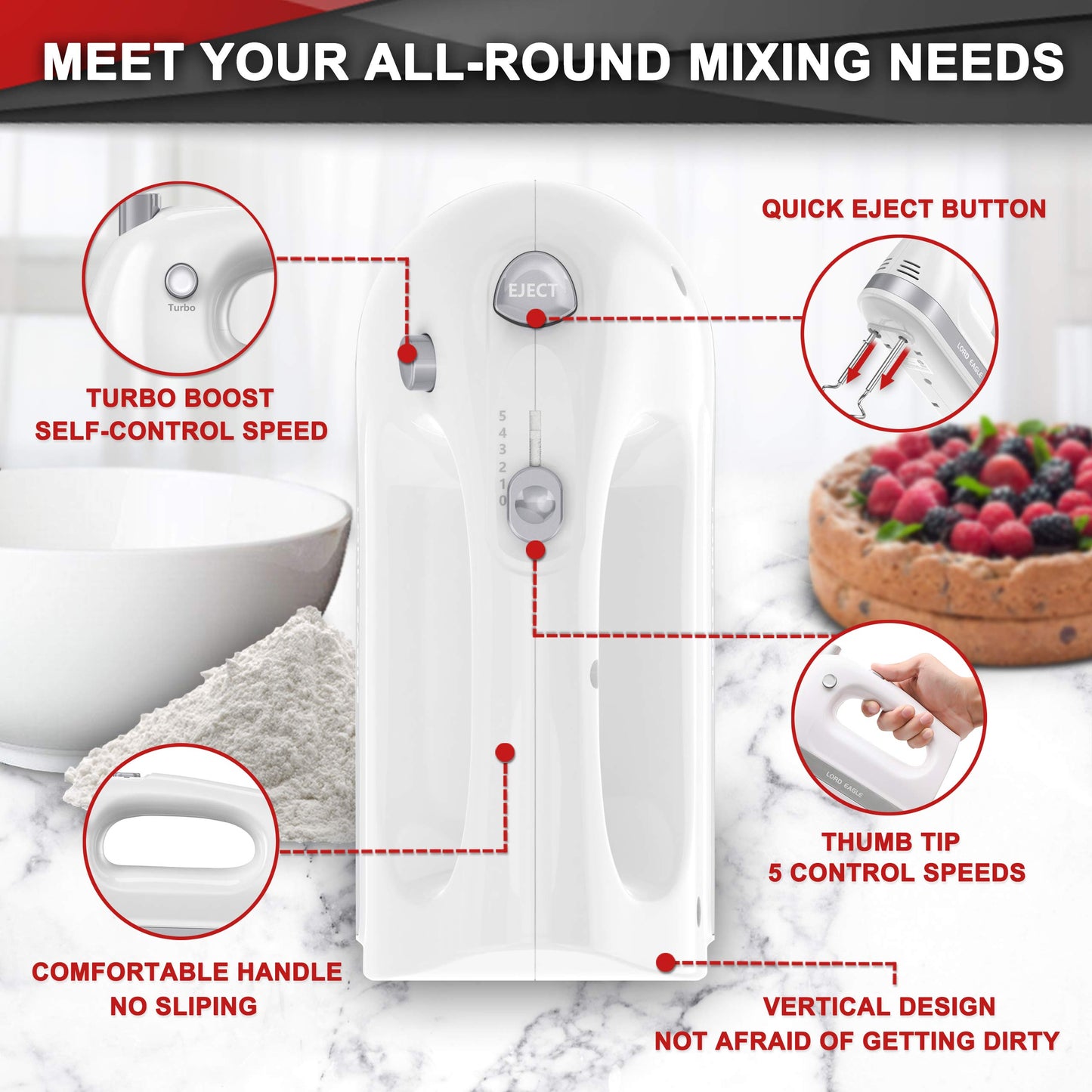 Lord Eagle Hand Mixer Electric Handheld 400W, 5-Speed Lightweight Kitchen Mixer with Stain-resistant & Waterproof Storage Bag, 5 Stainless Steel Attachments for Baking Cake Egg Cream Food Beater