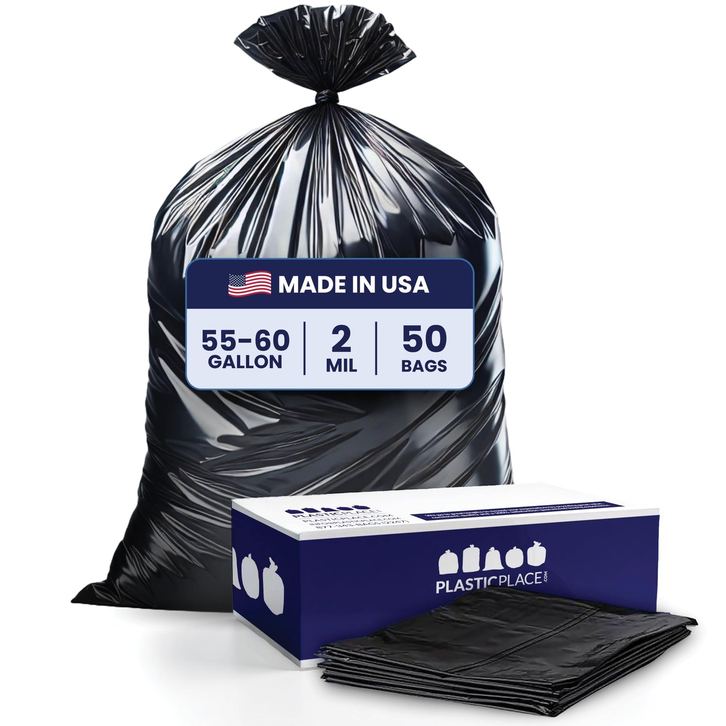 Plasticplace 55-60 Gallon Trash Bags │ 2.0 Mil │ Black Heavy Duty Garbage Can Liners │ 36” x 58” ,50 Count, Black (Pack of 1)