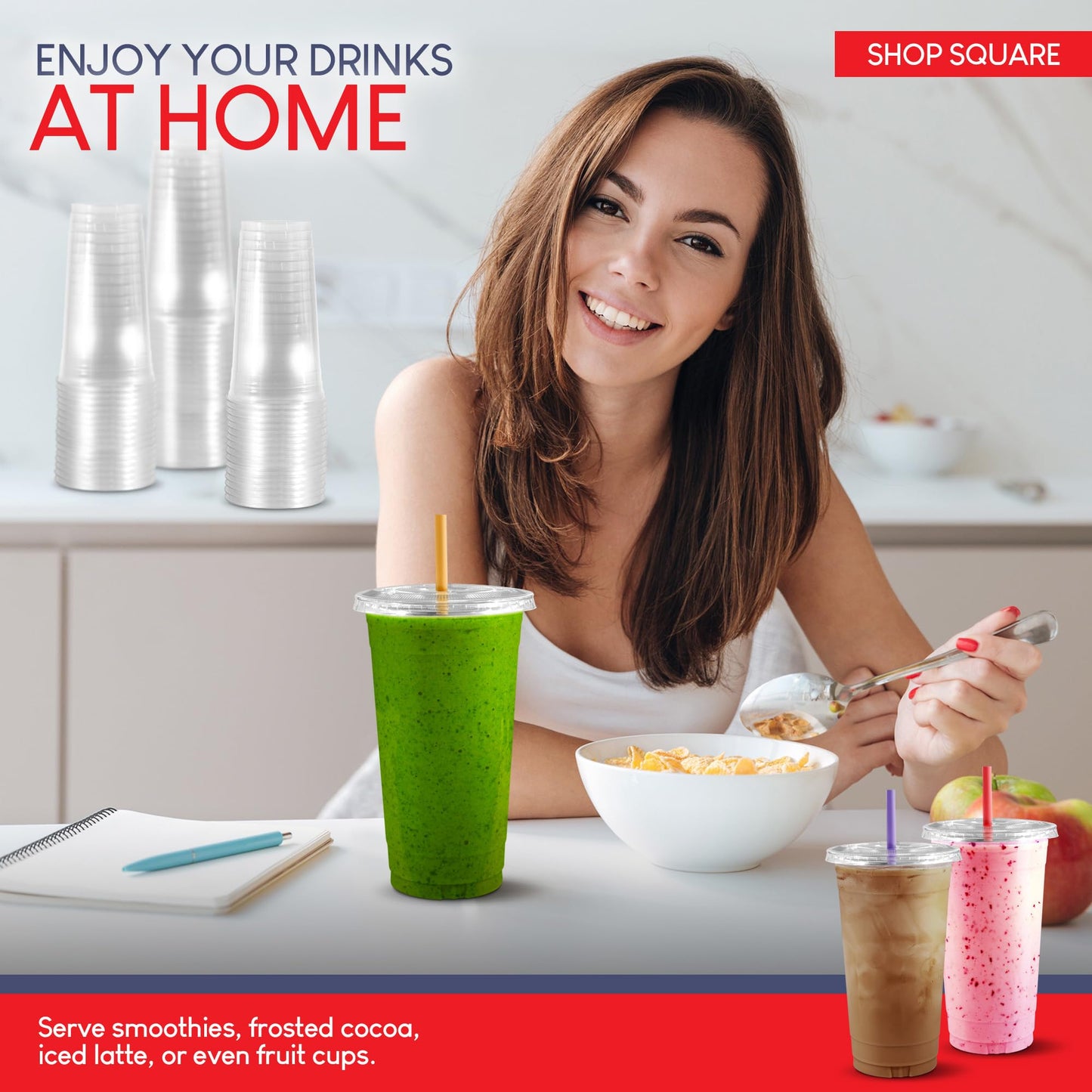(100 Sets) 32 oz Cups with Lids and Straws, Clear Plastic Cups with Lids and Straws, Disposable Drinking Cups for Cold Drinks, Iced Coffee, Milk Shakes, Smoothies, Bubble Boba Tea