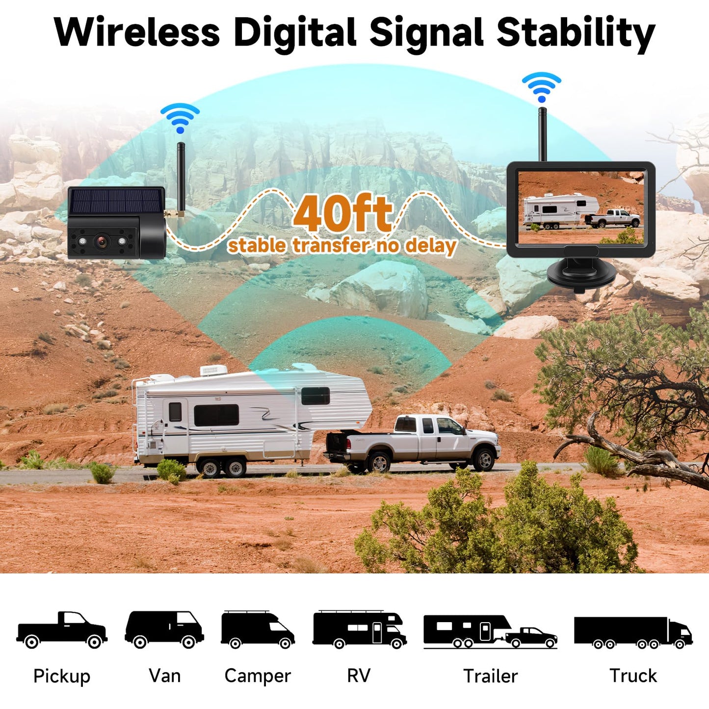 Magnetic Solar Wireless Backup Camera with 5” HD Monitor No Wiring Rechargeable Battery IP68 IR Night Vision Rearview Camera System for Car RV Truck 5th Wheels Skid Steer Horse Trailer Hitch Camera