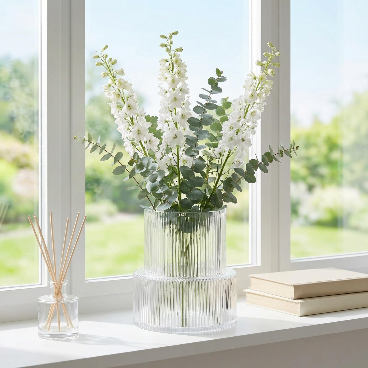 YANWE1 Ribbed Glass Vase, Flower Vase, Fluted Clear Vases for Flowers, Modern Vases for Living Room, Dining Table, Entryway, Shelf, Wedding, Office, Coffee Table, Birthday, 7.5 Inches
