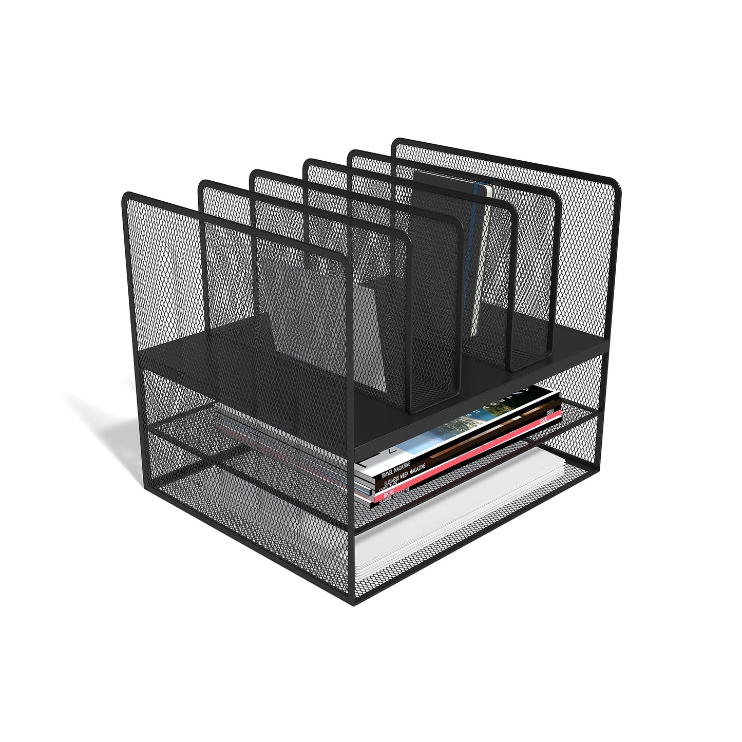 TRU RED Wire Mesh File Organizer, 7‑Compartment, Matte Black – Vertical Desktop Sorter for Files, Folders & Mail