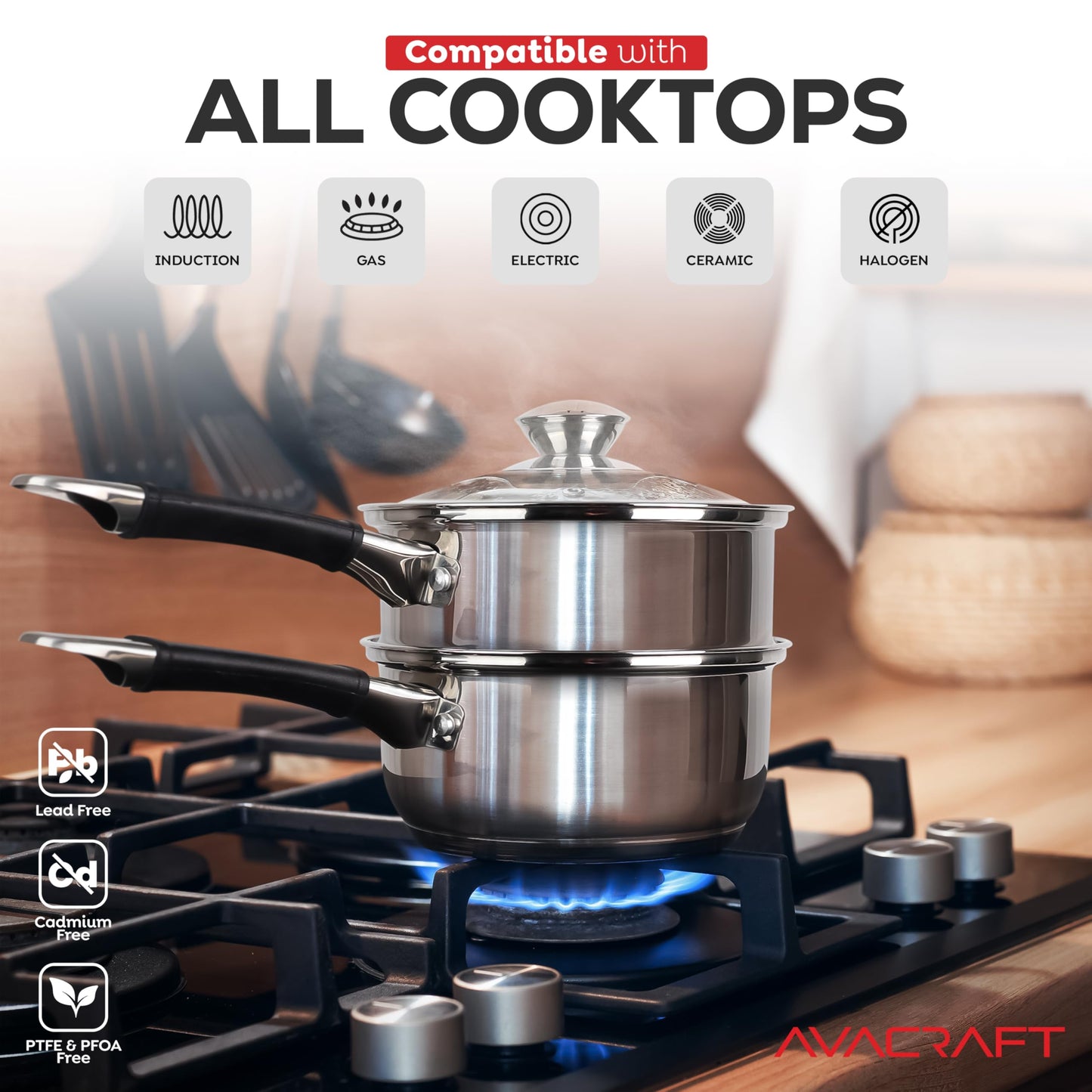 AVACRAFT 18/8 Stainless Steel Double Boiler, 1.5 Quart - Quality Clad Melting Pot for Butter, Chocolate, Cheese, Wax, Sauces - Even Heat, Tempered Glass Lid, Long Handle, Bottom has 5 Layers