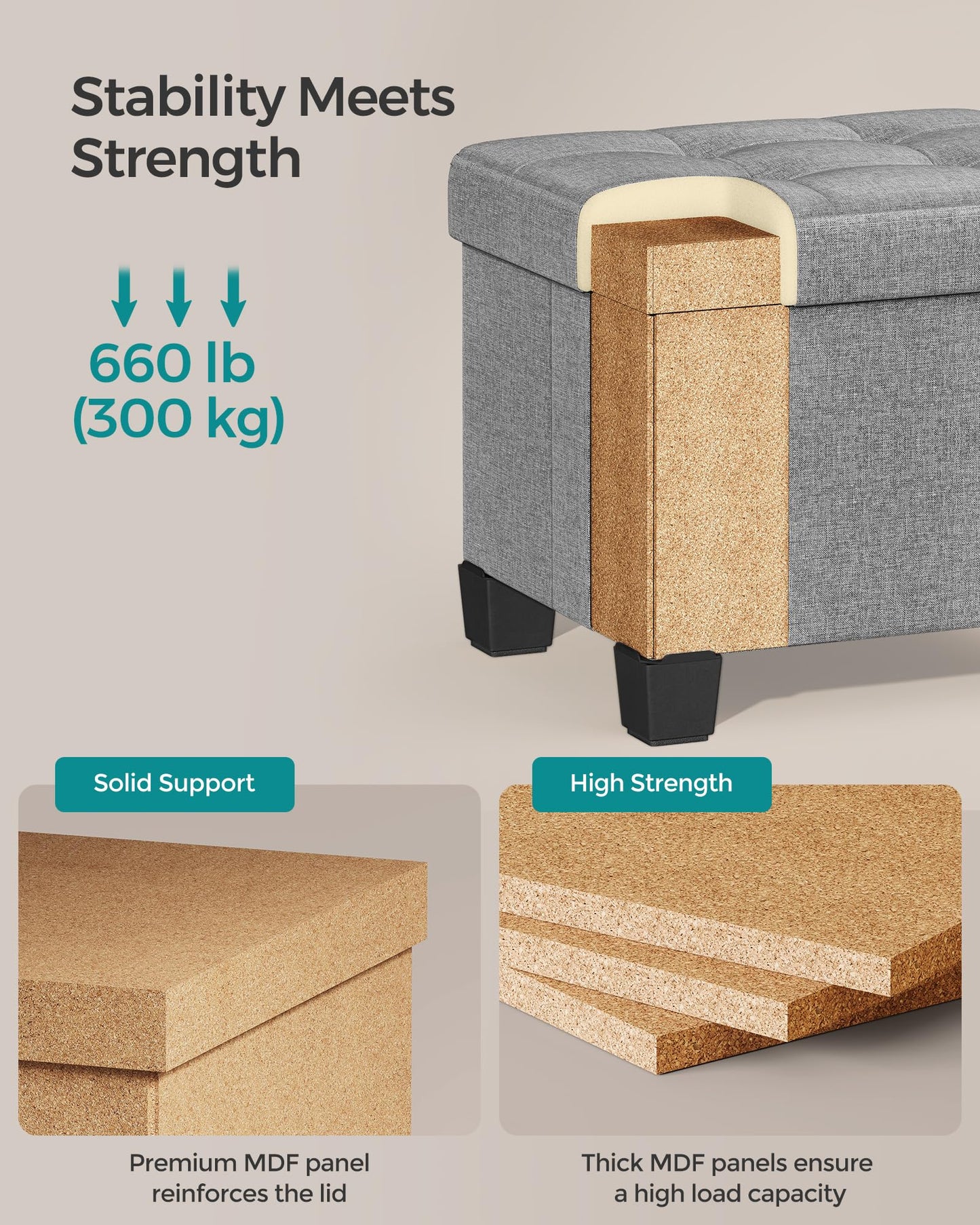 SONGMICS Storage Ottoman, Small Ottoman Foot Rest with Legs, 12.6 x 15.7 x 13.2 Inches Foot Stool, Load up to 660 lb, for Living Room, Bedroom, Dorm, Dove Gray ULSF012G02
