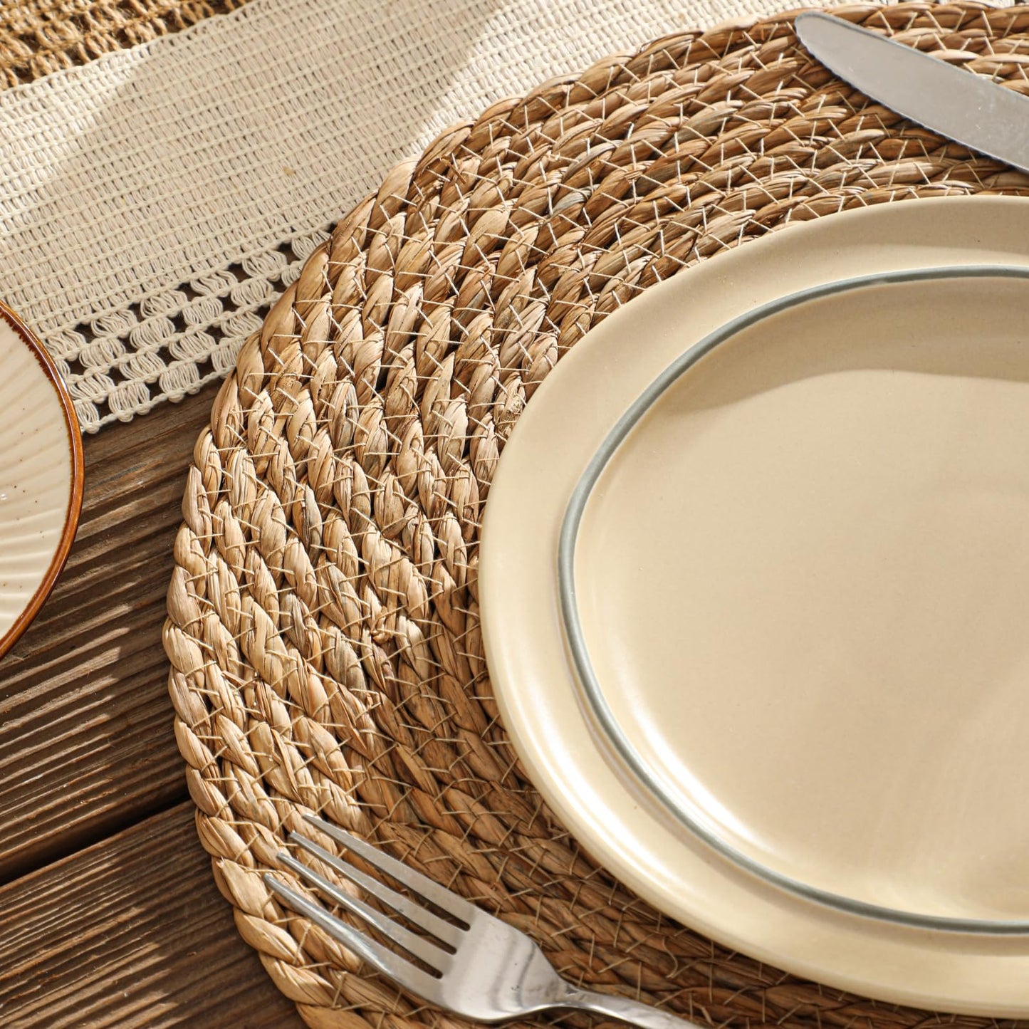 13.5'' Round Woven Placemats Set of 12, Boho Rattan Chargers for Dinner Plates, Rustic Wicker Place Mats, Straw Braided Table Placemats, for Dining Table, Wedding, Farmhouse, Outdoor and Christmas