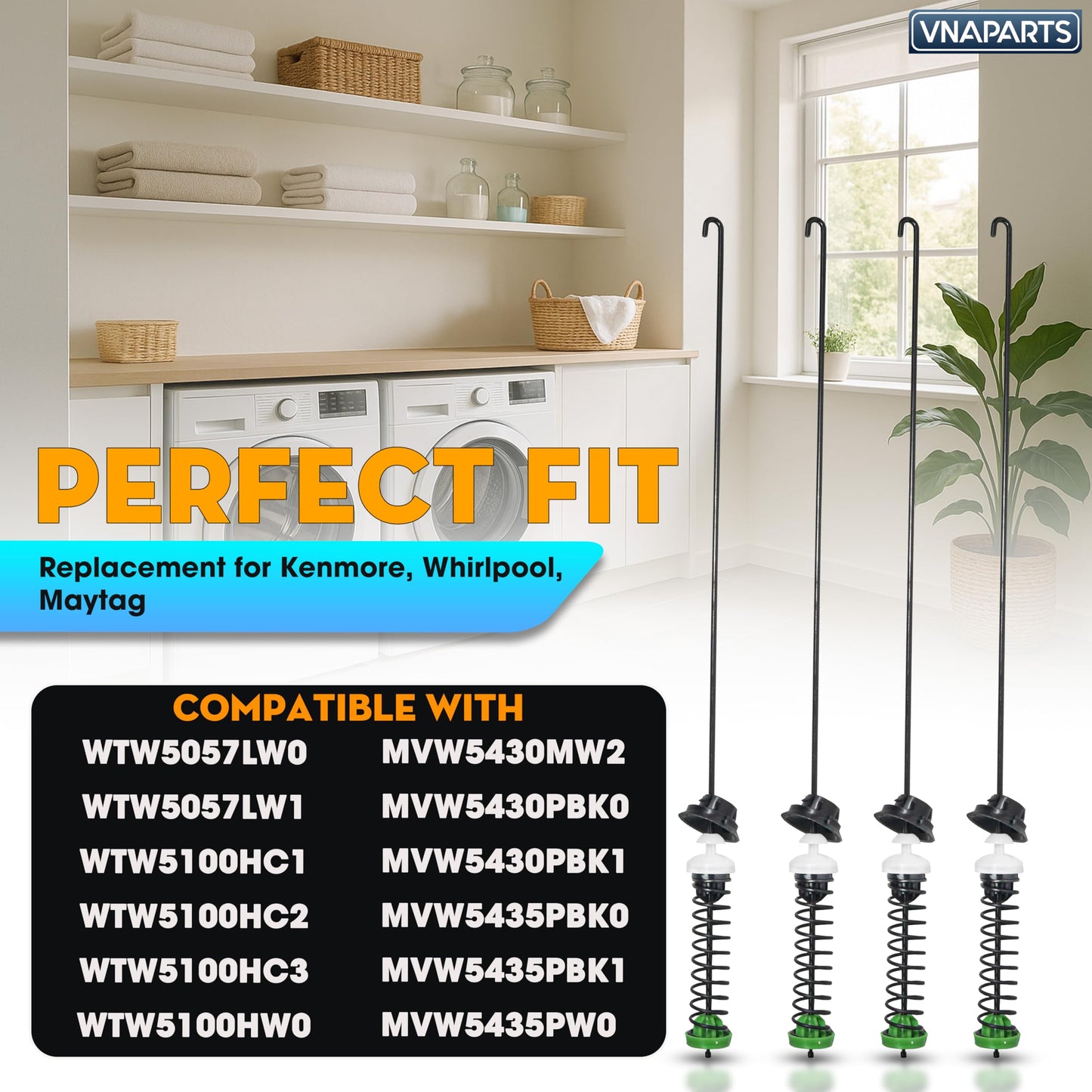 Upgraded W11396716 Washer Suspension Rod Kits Set (4Pcs)-24.4in, For Whirlpool Kenmore Maytag Washing Machine Suspension Rod Kit, Replaces W11171694 MVW6200KW2 WTW5100H WTW6120H MVW5430MW2 MVW5430PBK0