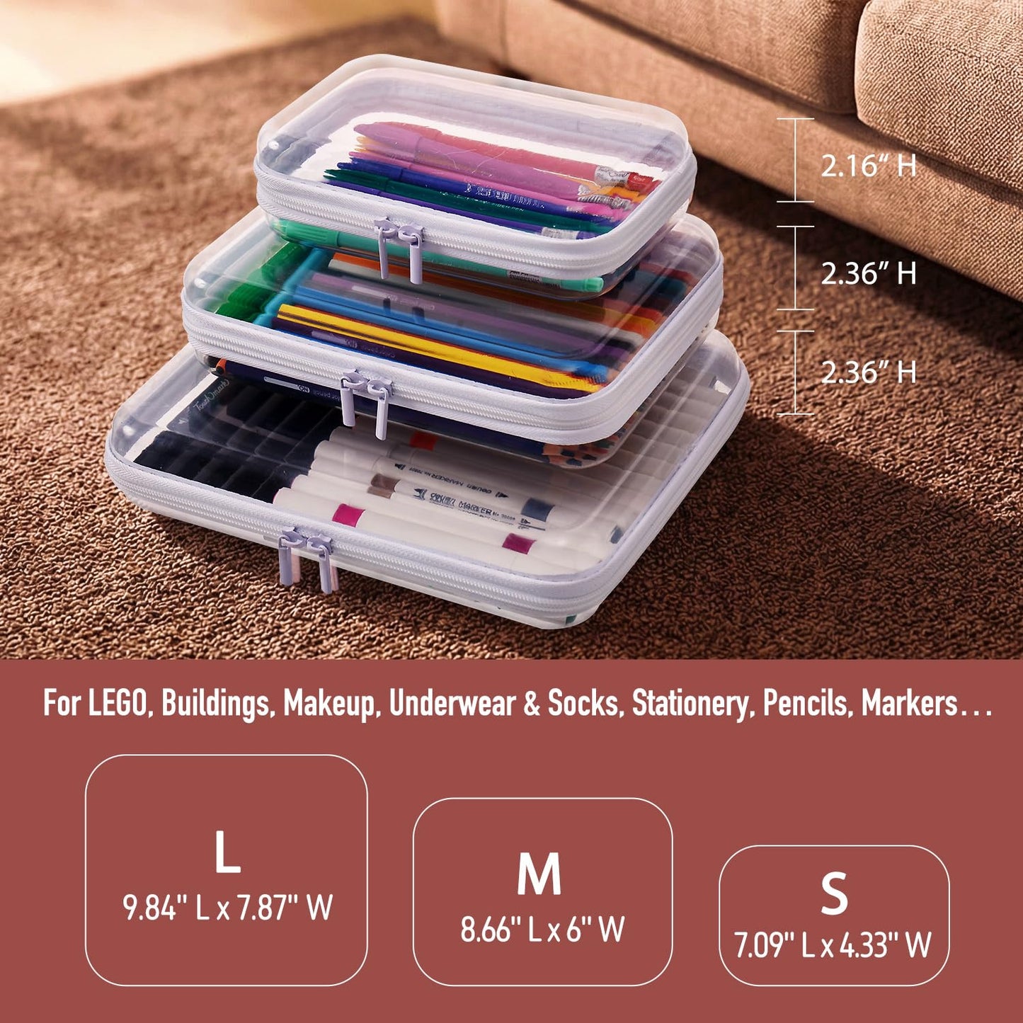 MACOPRO 6PCS Clear Zipper Pouches, Christmas Item Storage Bins, Zippered Hard Pouch Double, Portable Makeup and Cosmetic Bag, Toy Storage Organizer Bins, Hard Plastic Case, Clear Zipper Bags