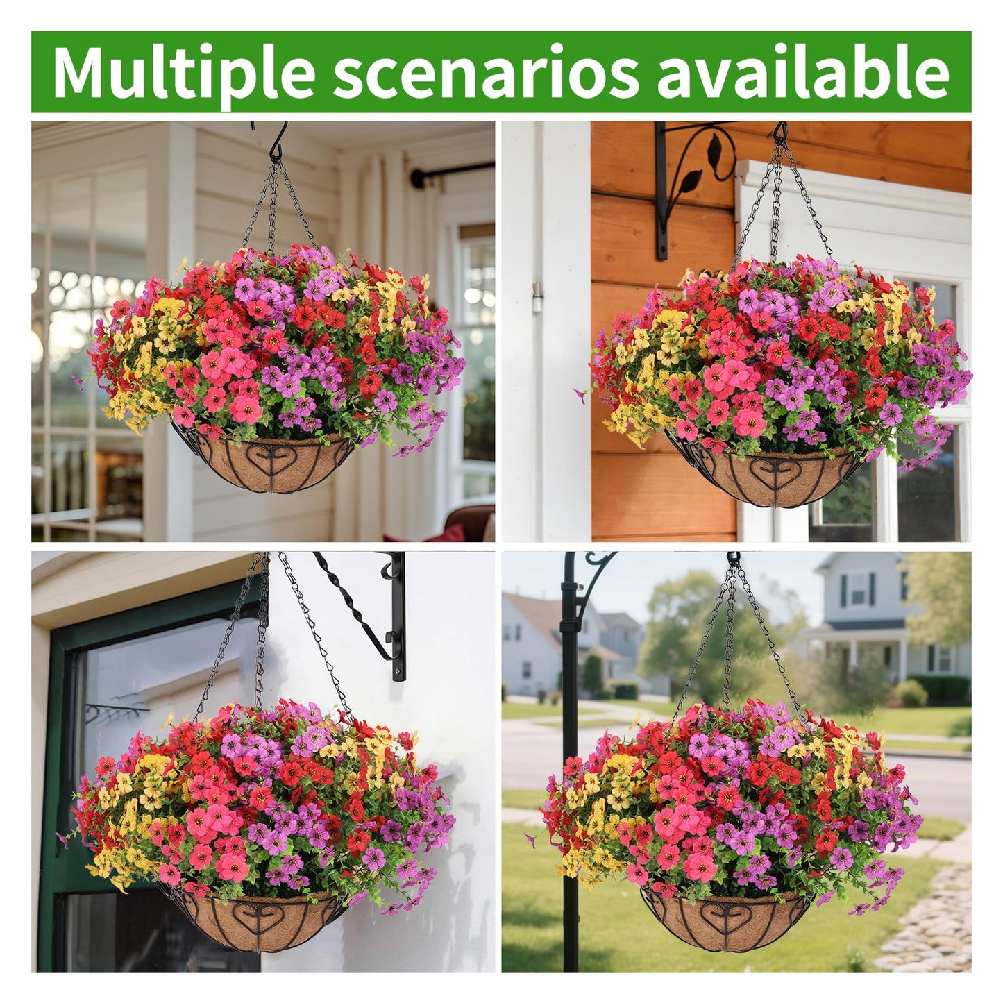 LetuoClips 2 Sets Artificial Hanging Flower for Outdoors, Fake Hanging Basket for Outside,2 Hanging Basket with 26 Pcs Faux Silk Flowers for Porch, Balcony and Patio Decor(Mixed)