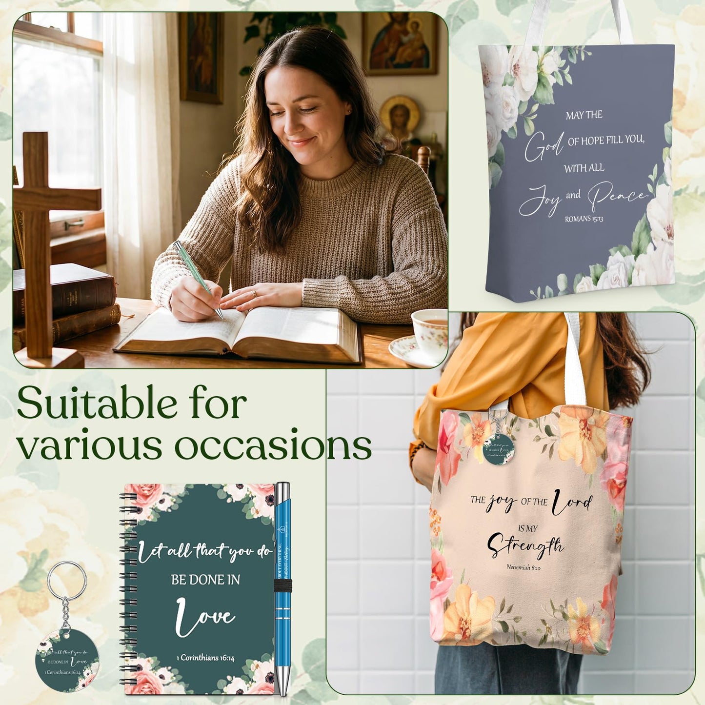 Sayglossy 10 Sets Christian Gifts Bulk Include Christian Tote Bags Scripture Notebooks Bible Verse Pens Keychains Inspirational Religious Church Gifts for Coworkers Employees Sunday Father's Day