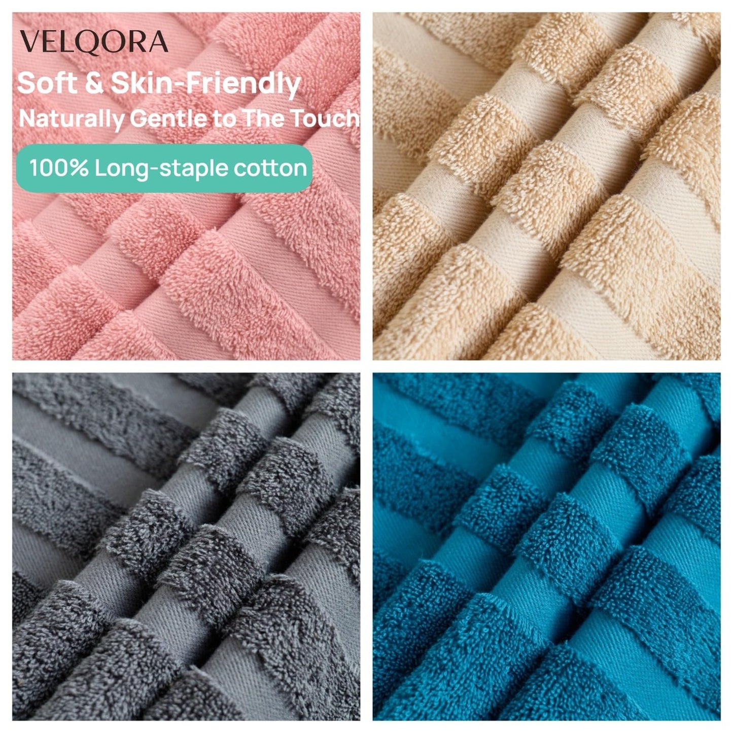 Velqora Bath Towels 4 Pack, 30 x 60 Inches, Large 100% Cotton Towels, Soft, Absorbent, Comfortable for Home, Spa, and Gym, (Pink,Gray,Beige,Blue)