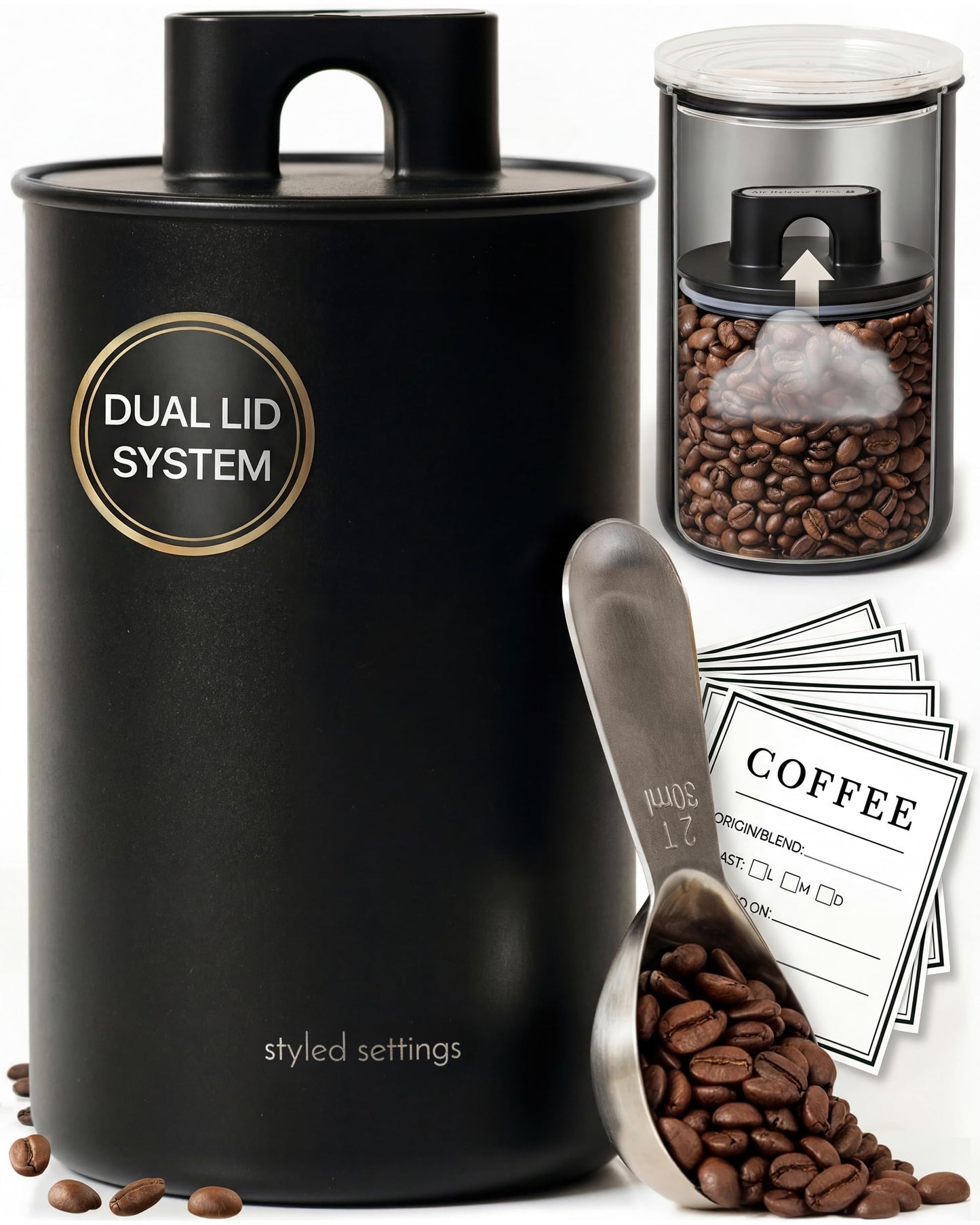 STYLED SETTINGS Coffee Storage Container - Airtight Vacuum Coffee Canister with Scoop and Label - Matte Black Canister Holds 1lb Beans or Grounds, Dual-Lid Freshness System - Perfect for Gifting