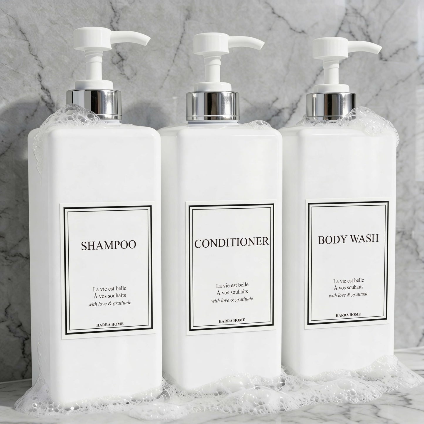 Shampoo and Conditioner Dispenser - Modern Design Large 27oz Shower Soap Dispenser Set of 3, Refillable Empty Plastic Pump Bottles for Bathroom, 6 Waterproof Labels Included, White & Silver