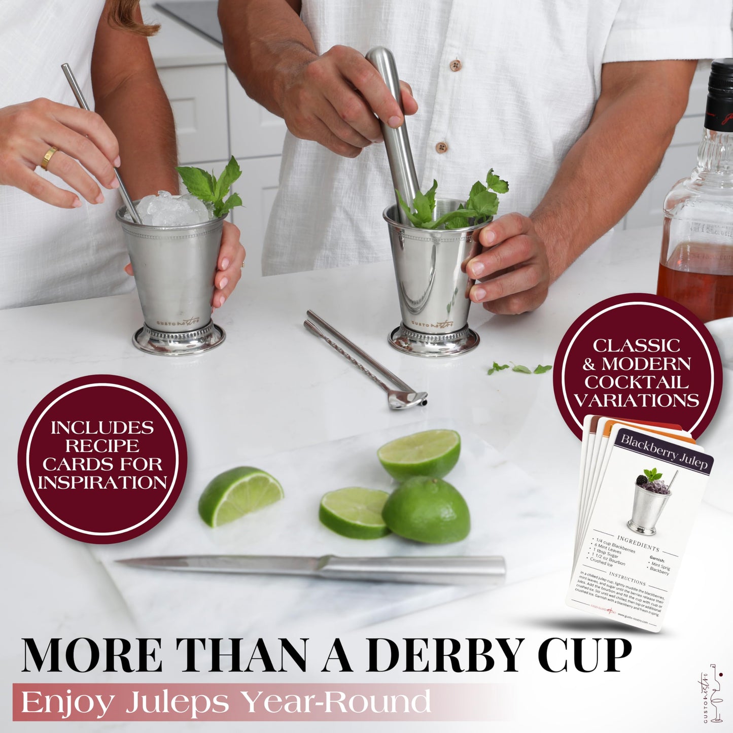 Gusto Nostro Mint Julep Cups Set of 2 - Stainless Steel Julep Cup Kit with Straws, Muddler, Spoon,Recipes, Vases - Southern-style Cocktail Glasses for Home Bar - Stainless Steel Cocktail Cups (Silver)