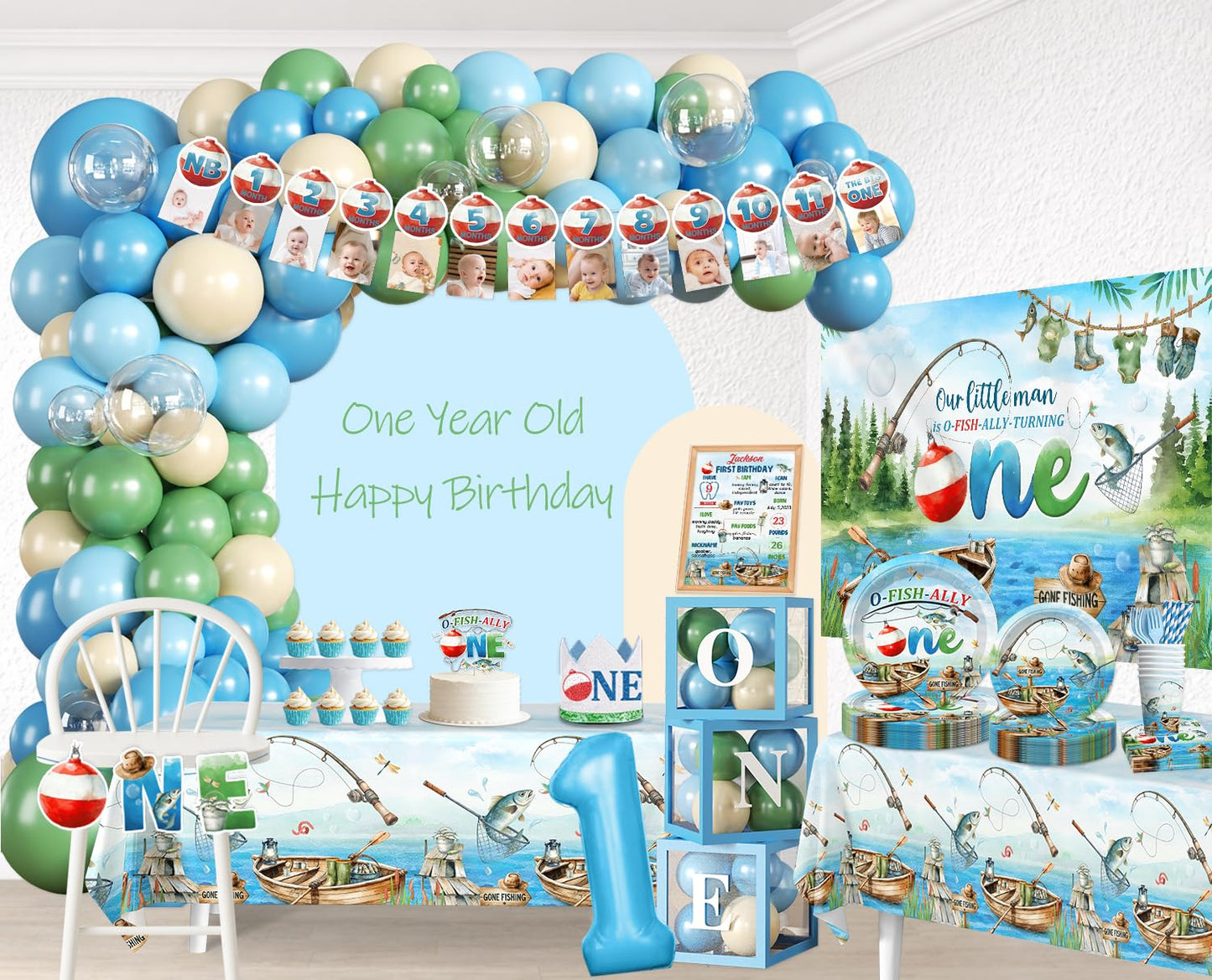 Fexivo 263pcs Ofishally One Birthday Decorations Complete Party Set, for 25 Guests, O Fishally One First Birthday Decorations Balloon Arch, Backdrop, Plates for Gone Fishing Party Decoration