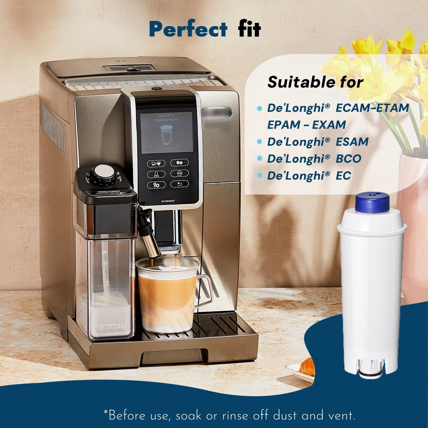 Mutital Coffee Machine Filter, Delonghi Filter Replacement for DLSC002, Delonghi Magnifica Evo, Dinamica Plus, ESAM, ETAM, BCO, EC. Activated Carbon Water Filter Cartridges Softener (6 Pcs)