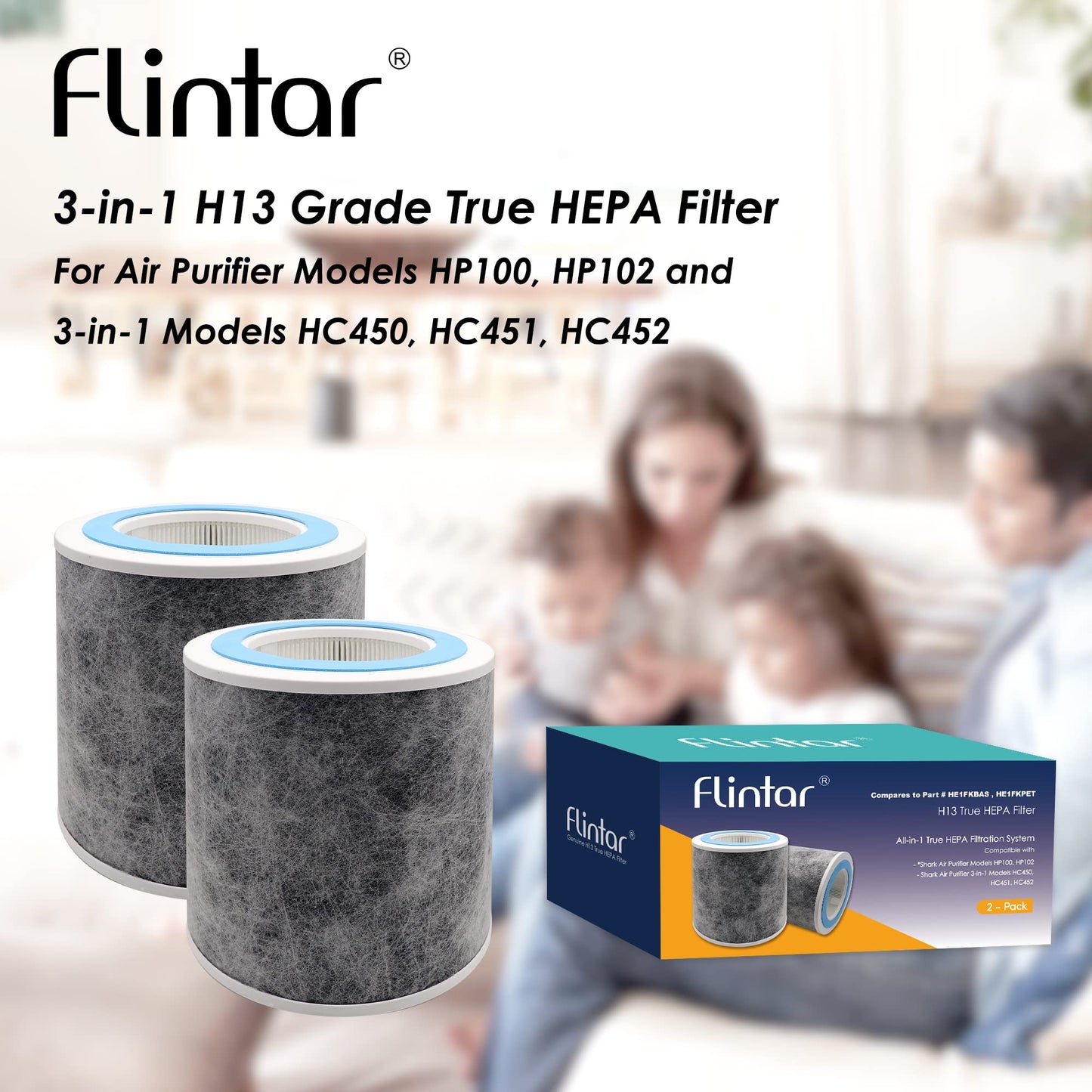 Flintar HP102 Replacement Filter, Made in TAIWAN, Compatible with Shark Air Purifier HP100, HP102, HC450, HC451, HC452, HC455, Compares to Part # HE1FKBAS and HE1FKPET (2-Pack)