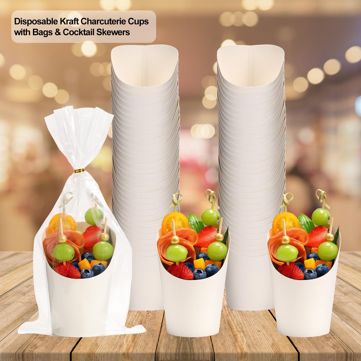 WixiTool Disposable Charcuterie Cups 120 PCS with 200PCS Sticks and 120PCS Bags, 14 oz Kraft Paper Snack Boxes Appetizers Cup French Fry Holder with Cocktail Skewers Toothpicks Tooth Picks, White