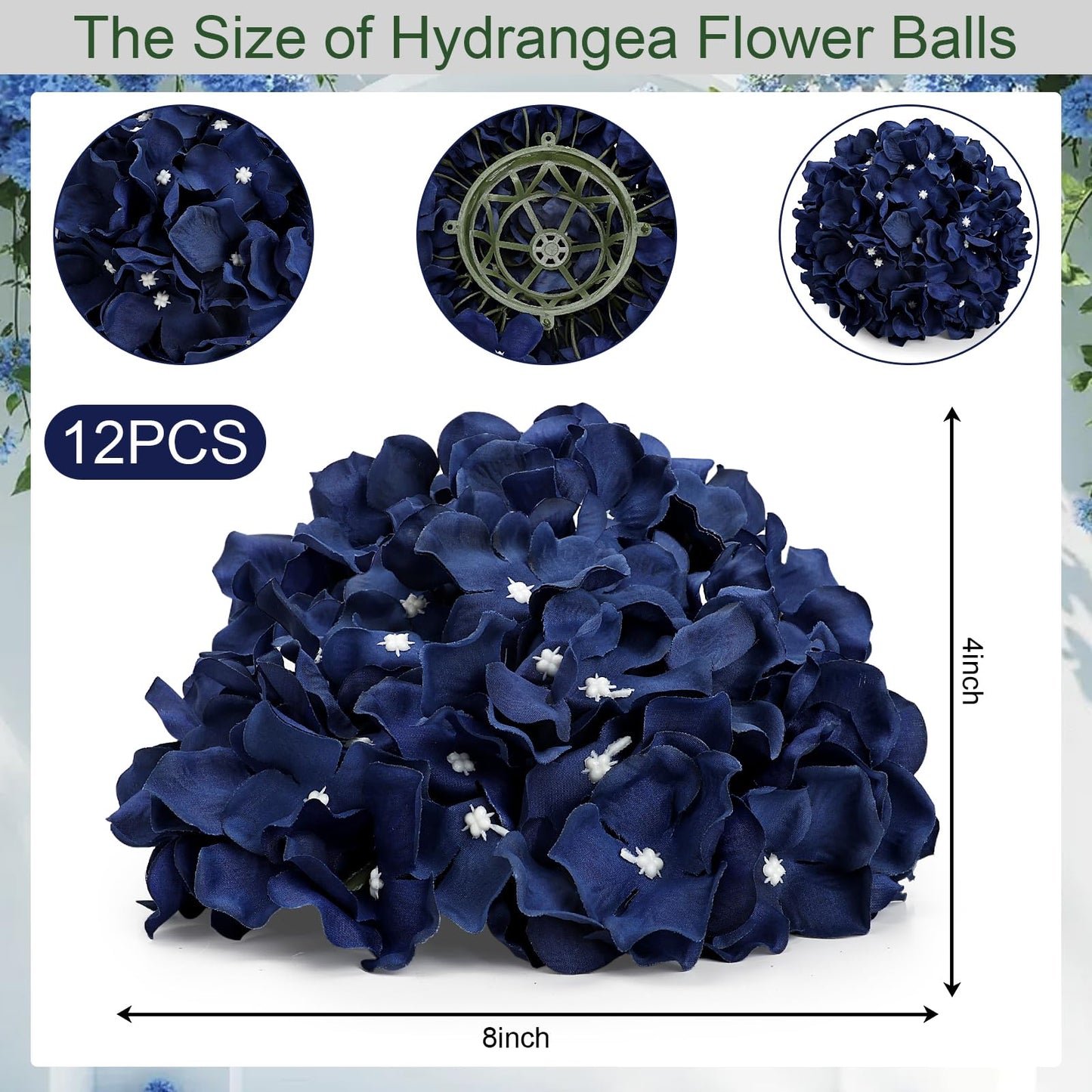 DIYDOFUN Hydrangea Flower Balls for Centerpieces - 12 PCS Artificial Floral Arrangement with Base, 8.27 Inch Diameter Fake Silk Kissing Ball for Wedding Table Home Party Decor - Navy Blue