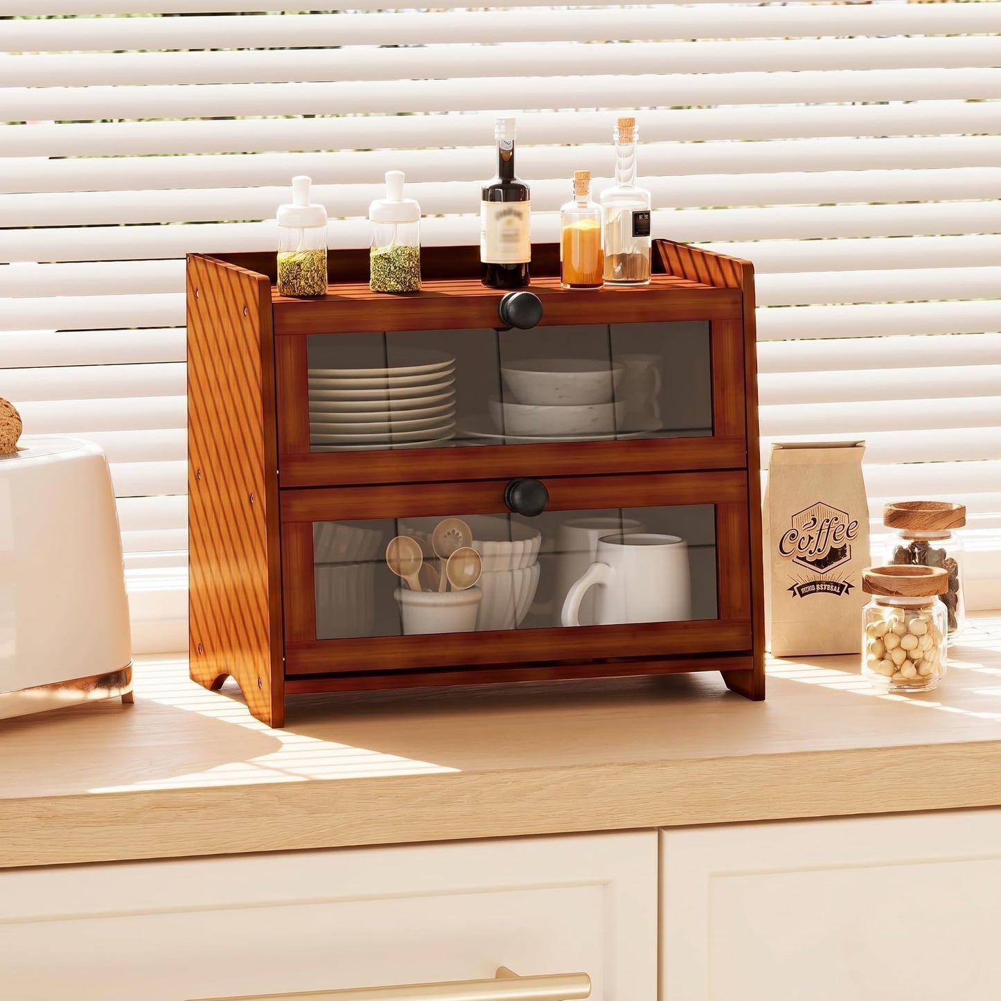 BAMBANG Bread Box for Kitchen Countertop, Extra Large Bamboo Bread Storage Container for Homemade Bread, Double Layer Sourdough Breadox, Bread Bin Organizer for Counter Cabinet Pantry, Brown