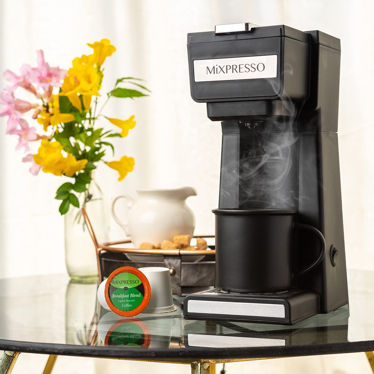 Mixpresso Coffee Maker Single Serve For Ground Coffee & Compatible With K Cup Pods, With 14oz Travel Mug & Reusable Filter For Home, Office & Camping.