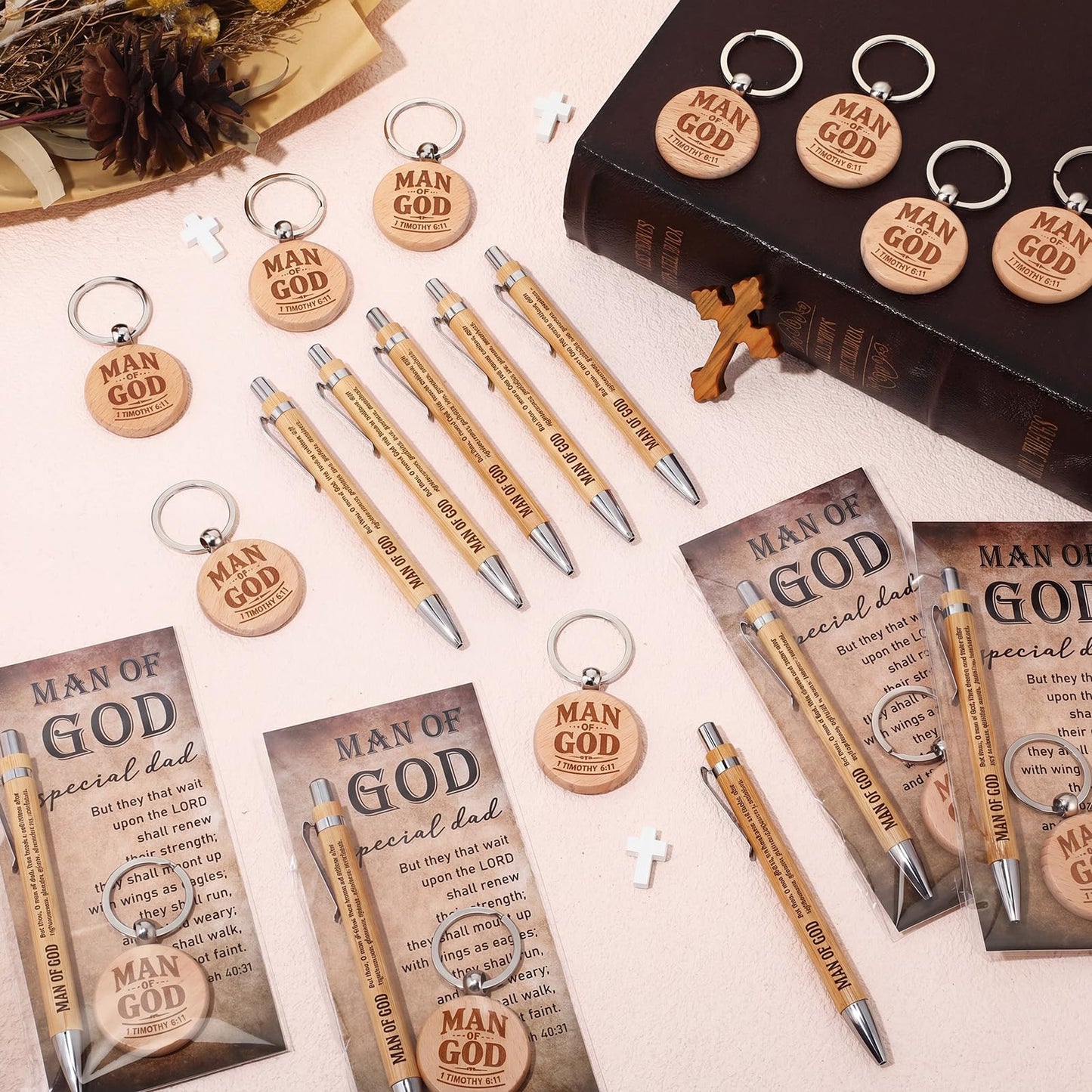 Chiisong 40 Sets Christian Gifts Bulk for Fathers Day Church Man of God Keychain Bible Verse Pen with Scripture Cards for Godfather (Rotundity)