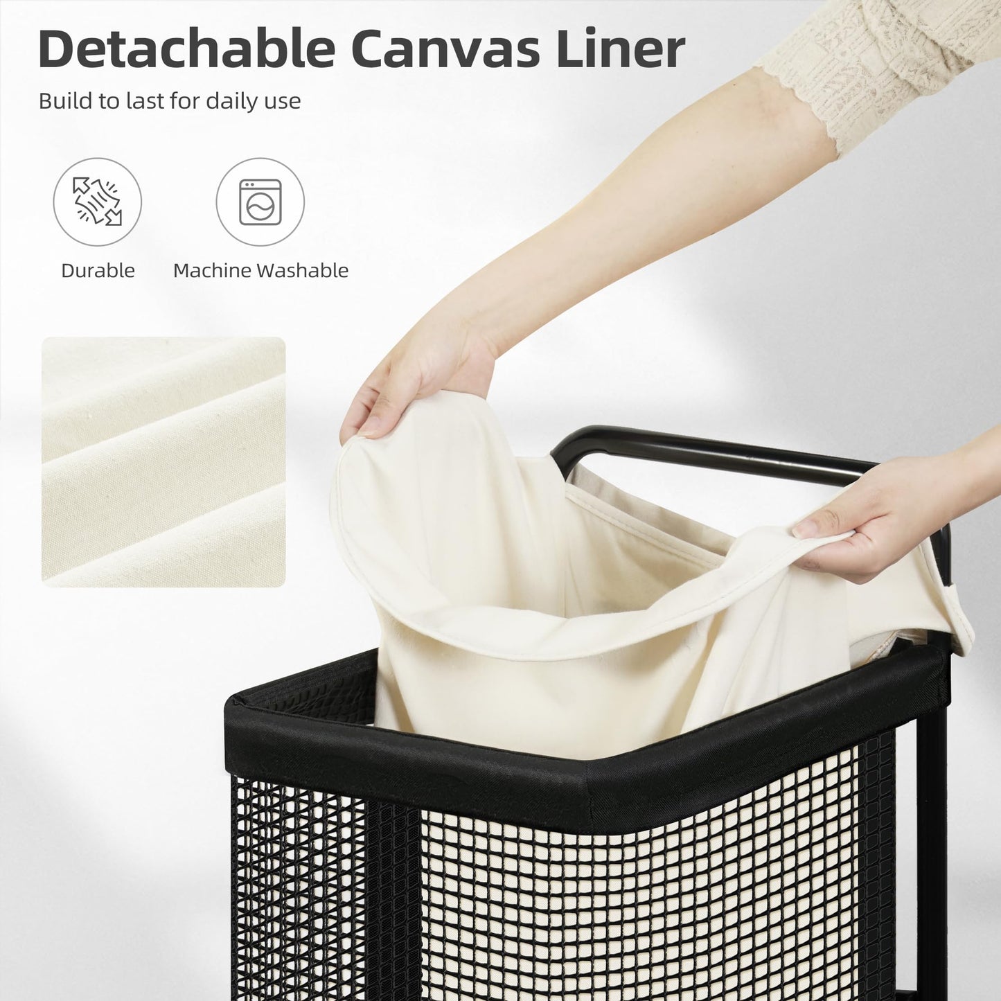 STORAGE MANIAC Rolling Laundry Cart with Wheels 37.4"H Laundry Hamper with Removable and Washable Canvas Liner Heavy Duty Laundry Basket Sorter Utility Cart Steel Frame for Clothes & Groceries, Beige