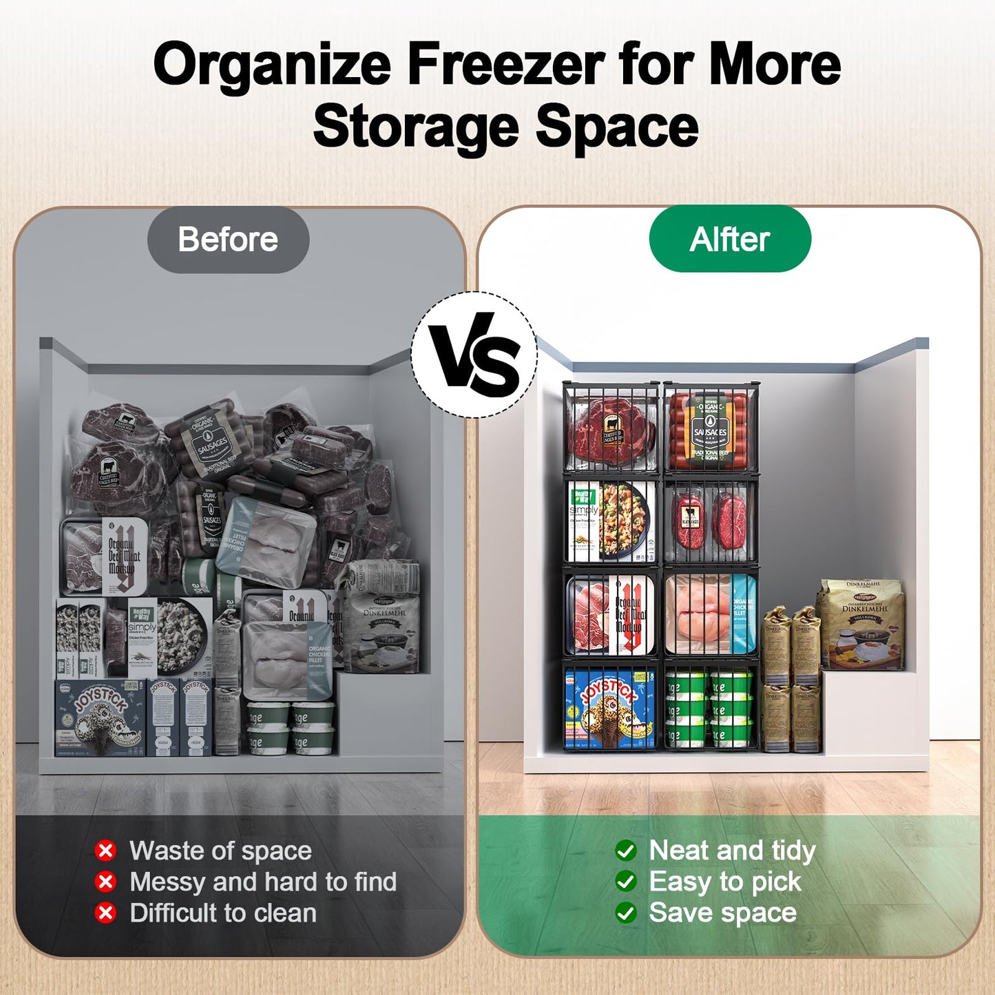 MSERCUOR Freezer Organizer Bins, 6 Pack Stackable Deep Chest Freezer Organizer Bins, Foldable Baskets with Handles, Black Storage Container Baskets for 5/ 7 Cu.FT Deep Freezer Sort Frozen Meats