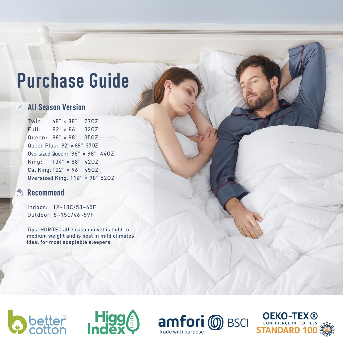 HOMTEC Duvet Insert Cotton Comforter Twin Size White Down Alternative Duvet Insert 100% Cotton Shell Quilted Fluffy Comforter Lightweight All Season 4 Corner Tabs Durable Breathable Noiseless