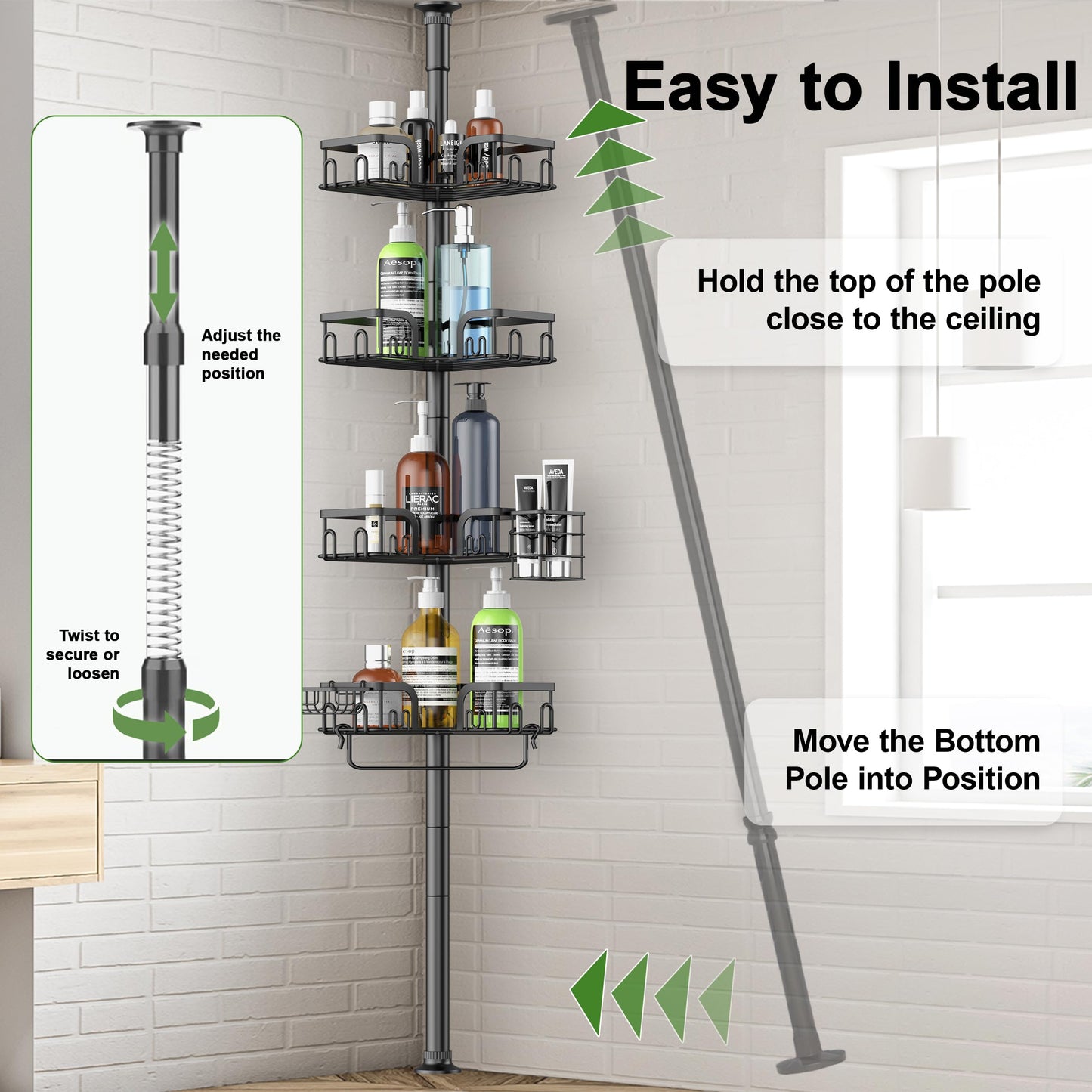 Clothink Corner Shower Caddy Tension Pole 4 Tier Adjustable Stainless Steel Shower Shelf for Inside Shower Bathtub Shampoo,Standing Bathroom Organizer Shelves with 39 to 113 inch Height
