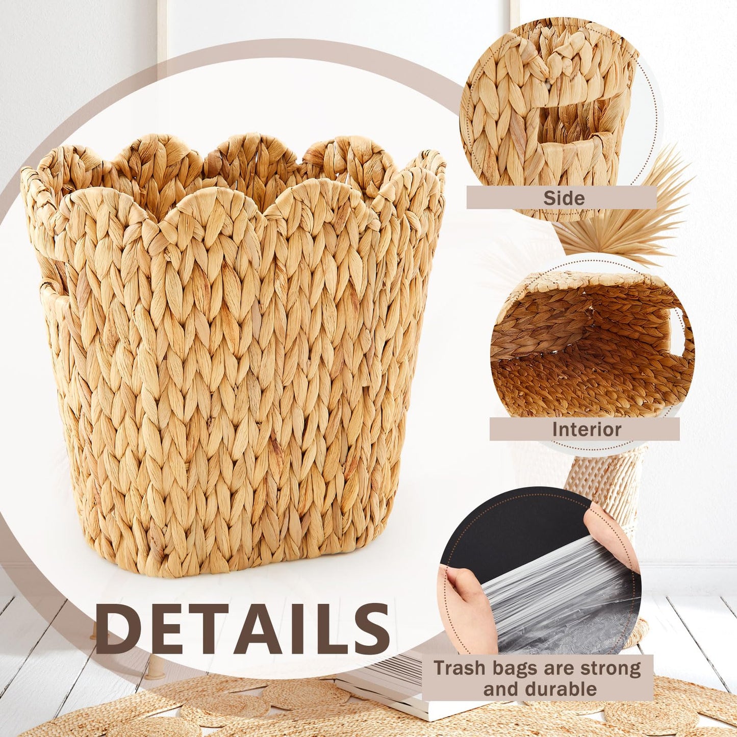 Ziliny 2 Pcs Wicker Trash Can with 50 Small Trash Bag Wicker Waste Woven Basket with Handles Clear Multi Use Garbage Bags for Bathroom Kitchen Bedroom (Calabash Vine,Scalloped Brim)
