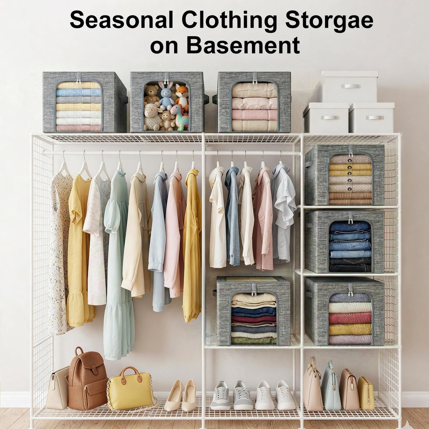 GoMaihe Clothes Storage Bin with Metal Frame: 6-Pack Stackable Closet Storage Bin with Lid & Clear Window, Sweater Boxes Storage for Closet Bedding Clothing Storage Organizer 40L
